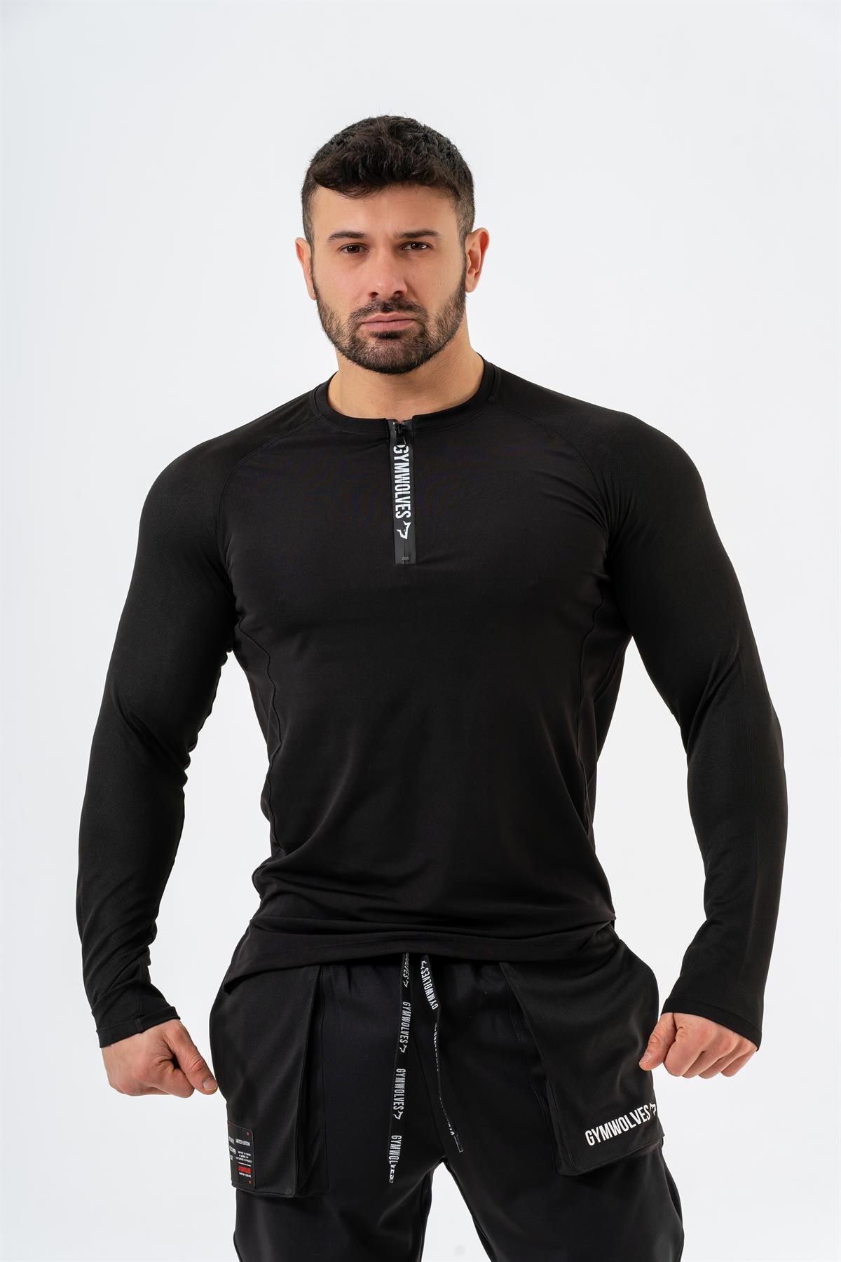 Gymwolves Erkek Spor Body | Siyah | Uzun Kollu Spor T-Shirt | AirPro Serisi