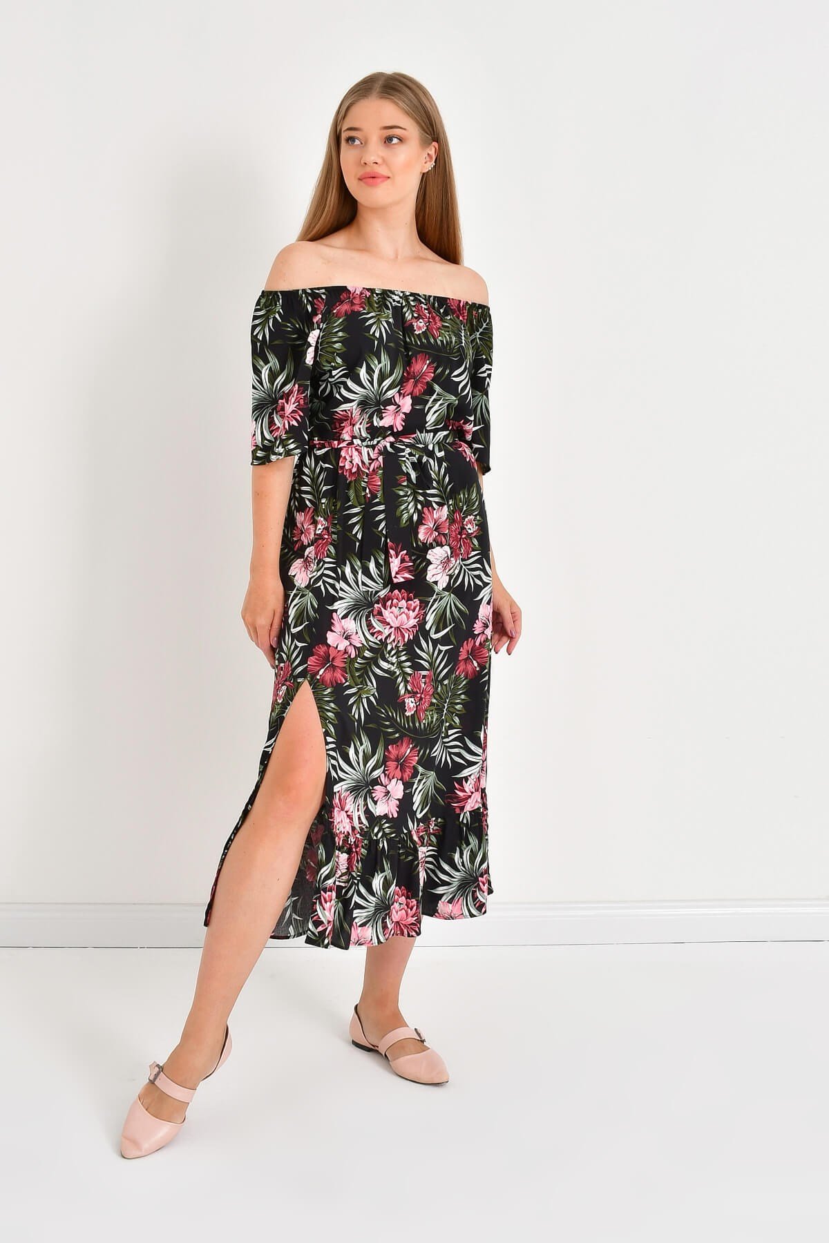 Düşük Omuzlu Yırtmaçlı Elbise - Mylinemoda.com