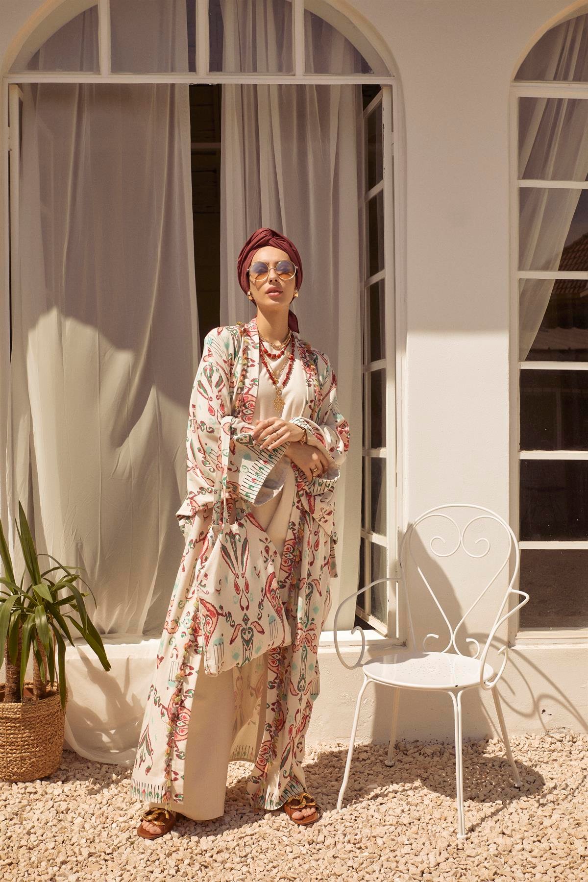 Kadın Ekru-Turkuaz Desenli Yazlık Pamuk Keten Kimono I ULUDAĞ TRİKO