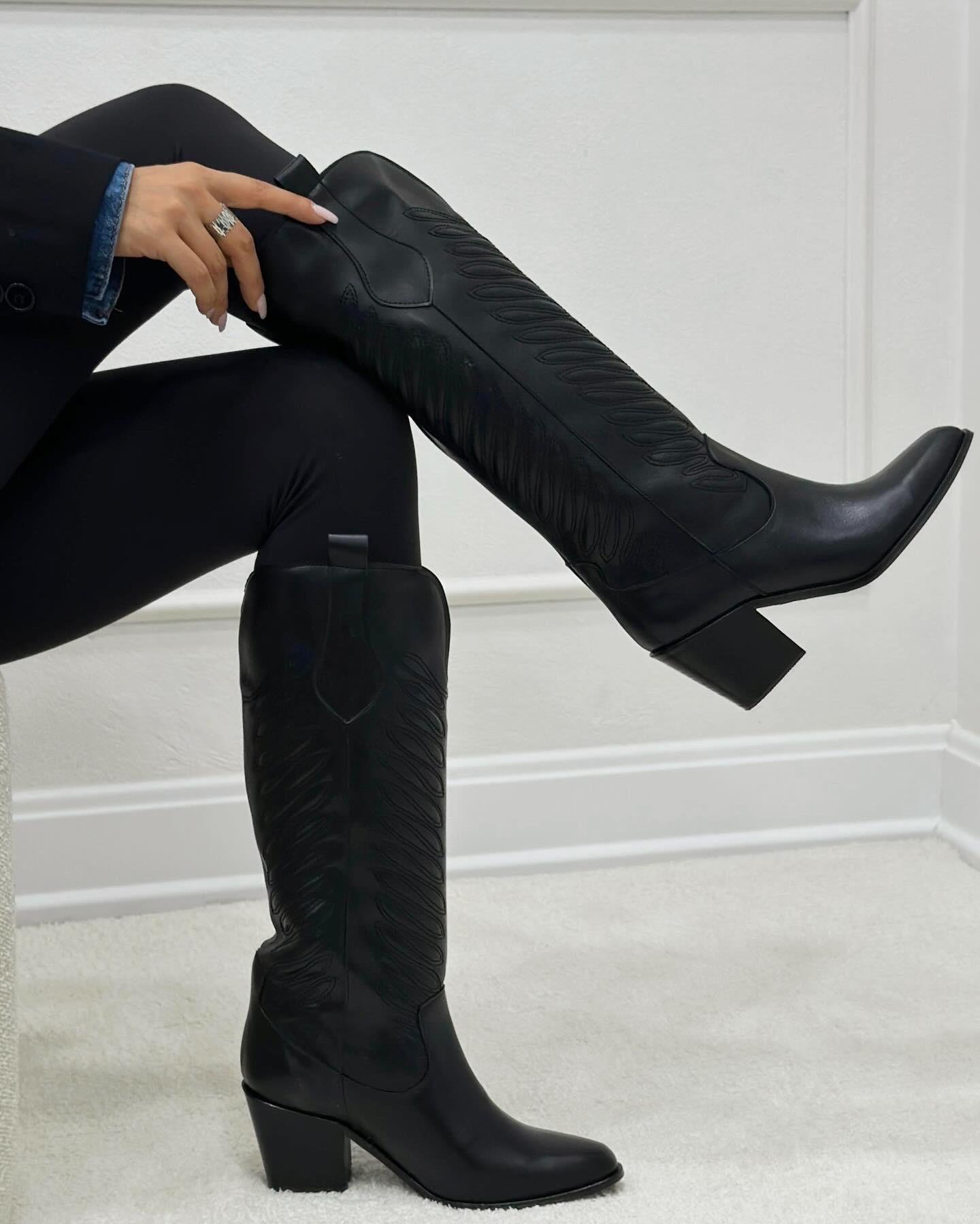 Dego Özel Tasarım Western Dizaltı Kadın Çizme - Siyah