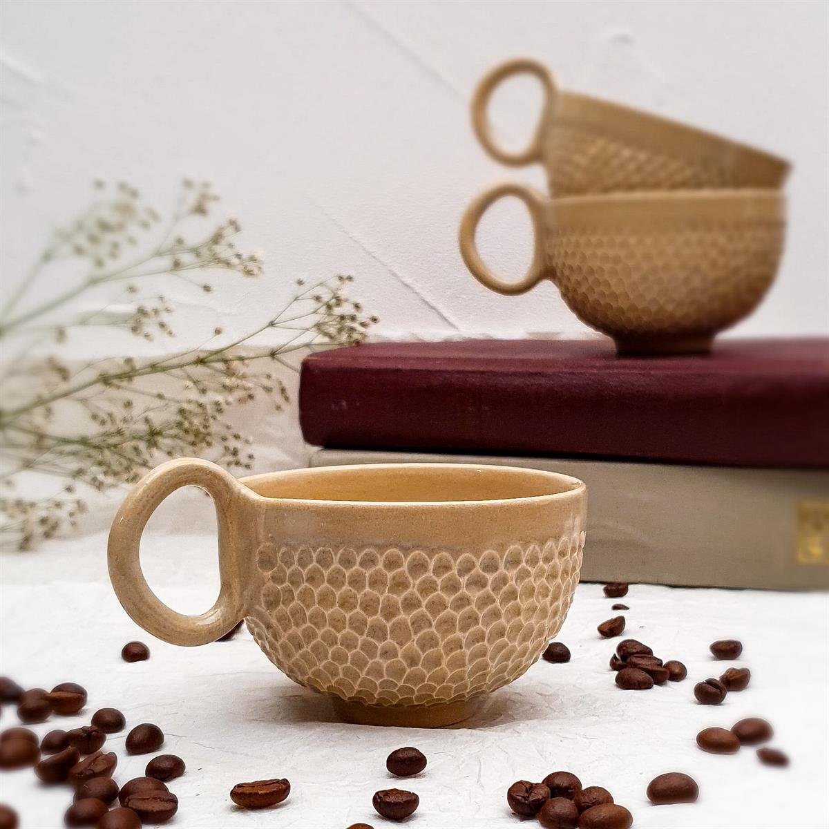 Yılan Desenli Kahve Fincanı - Bej Rengi - El Yapımı Seramik - Aykon Art  Seramik