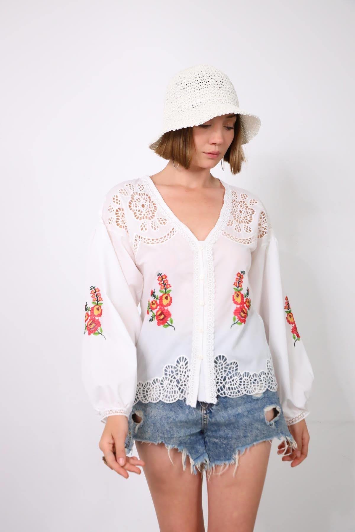 White Cross Stitch Flower Embroidered Guipure Lace Shirt