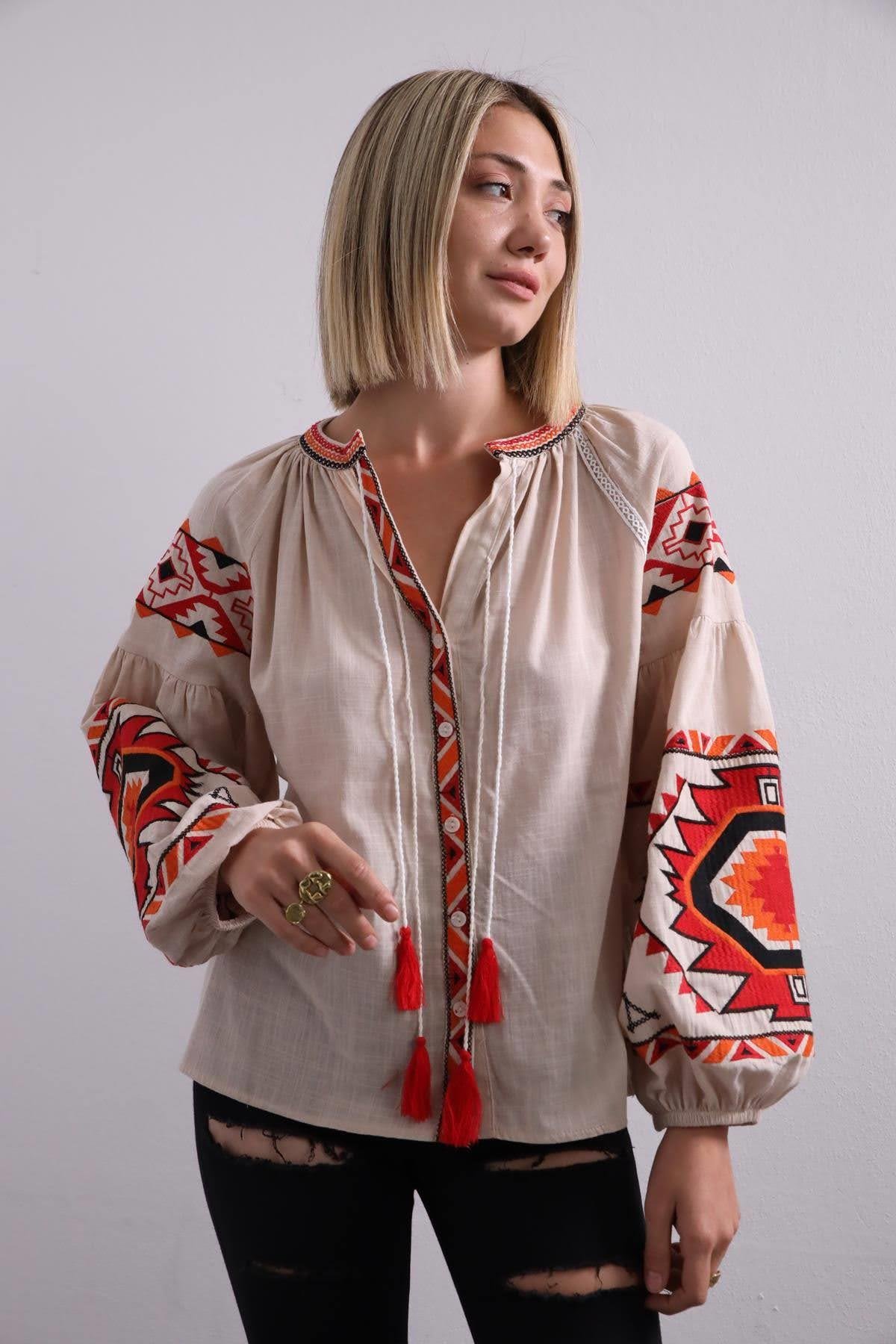 Cream Ethnic Embroidered Tassel Detailed Shirt - Saman Butik