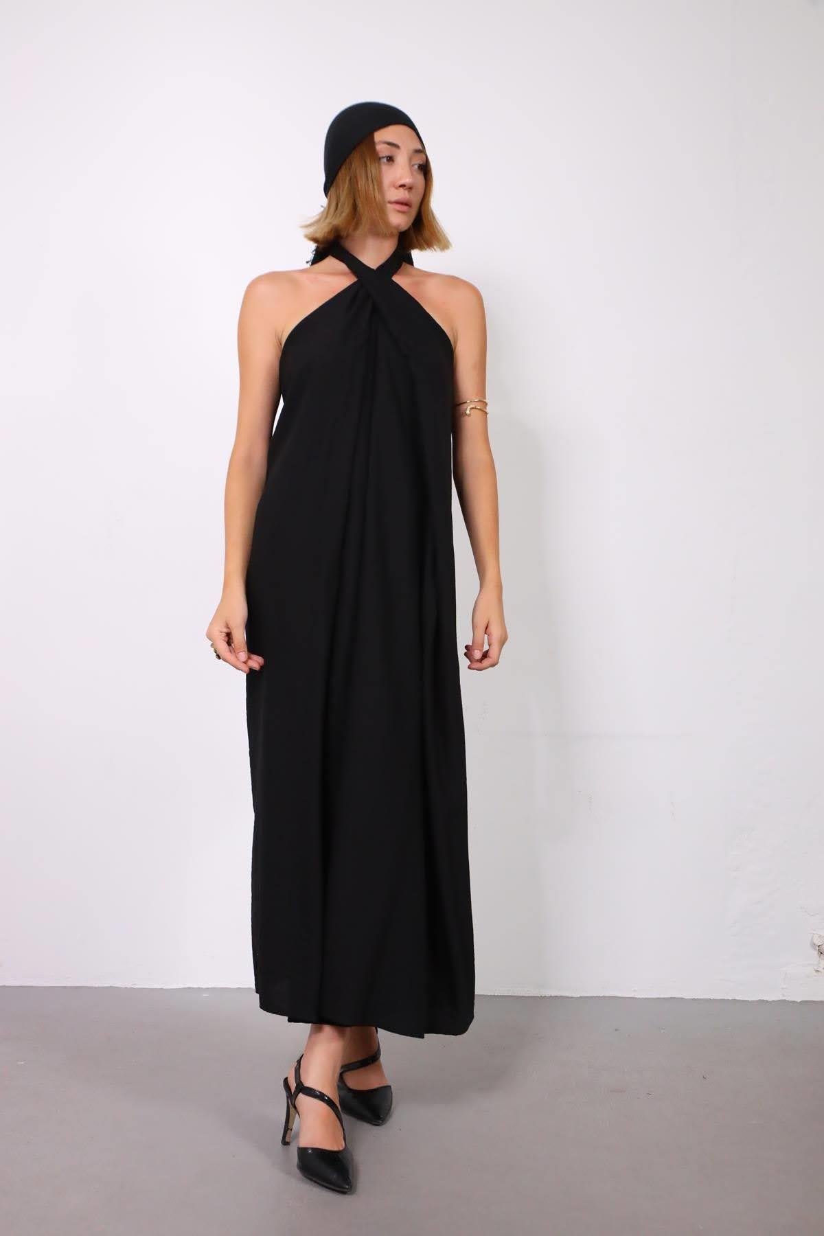 Halter neck black tie dress top