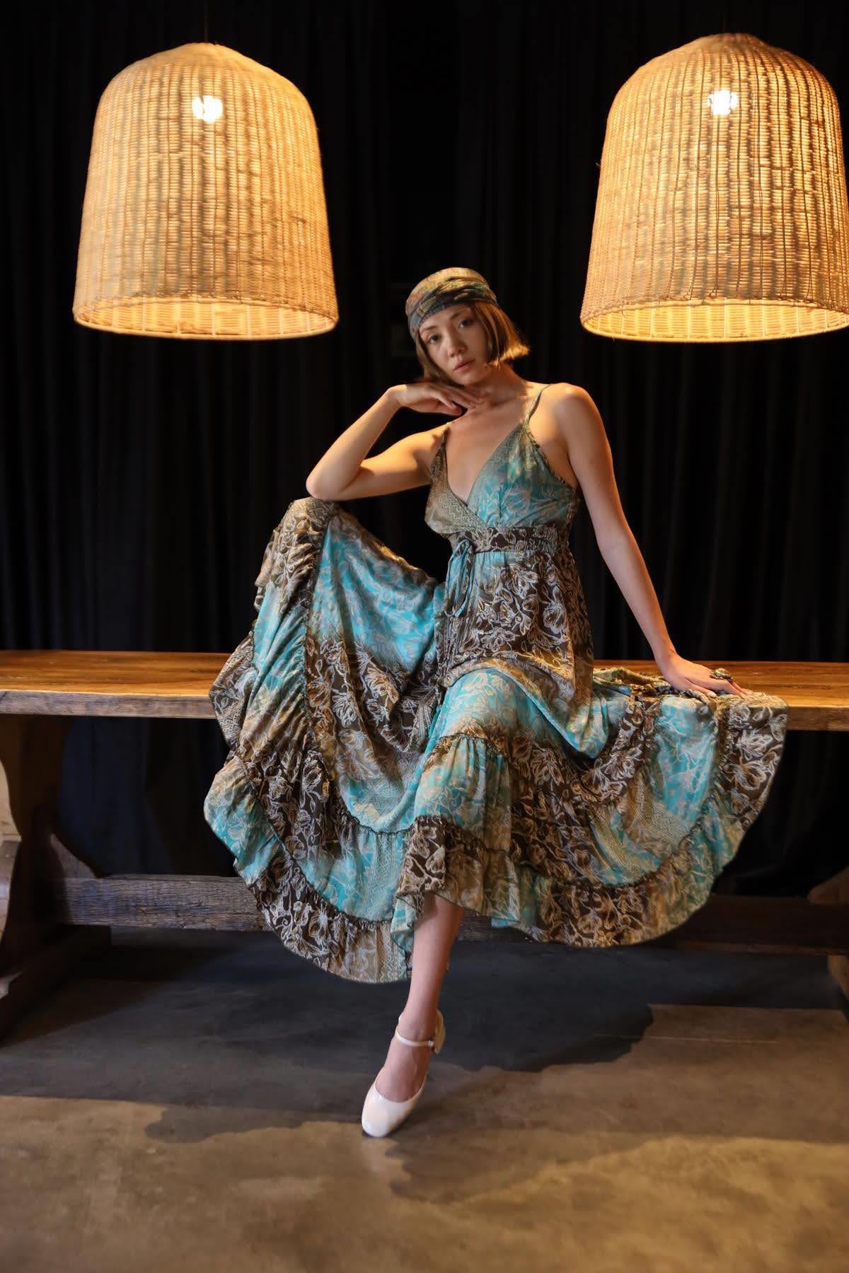 what color lipstick should i wear with a gold dress Turquoise Gold Print Wrap Midi Dress – Liquorish Online main image 1