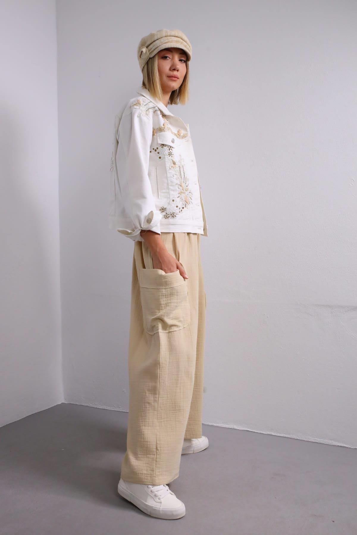 EMBROIDERED TROUSERS - Ecru