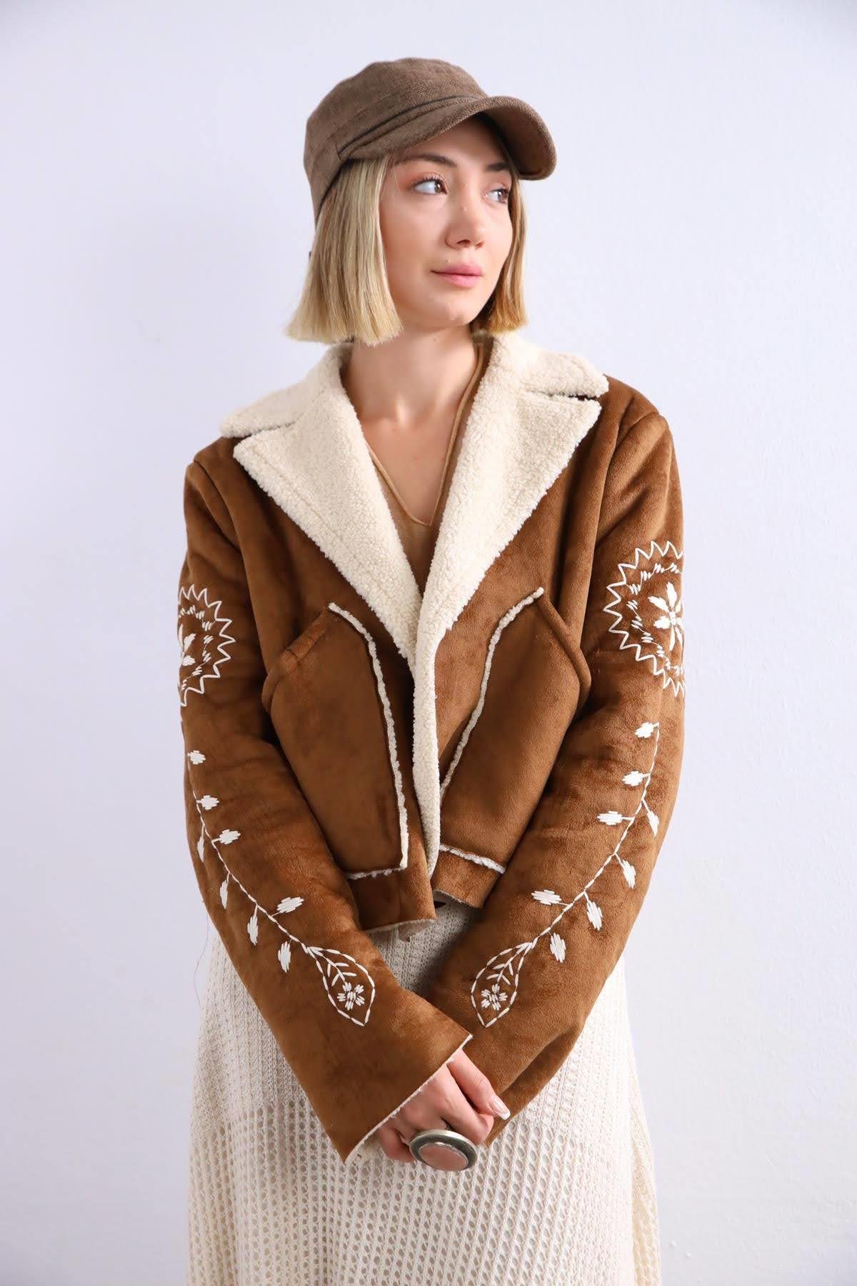 Faux Suede Shearling Embroidered Coat - Camel