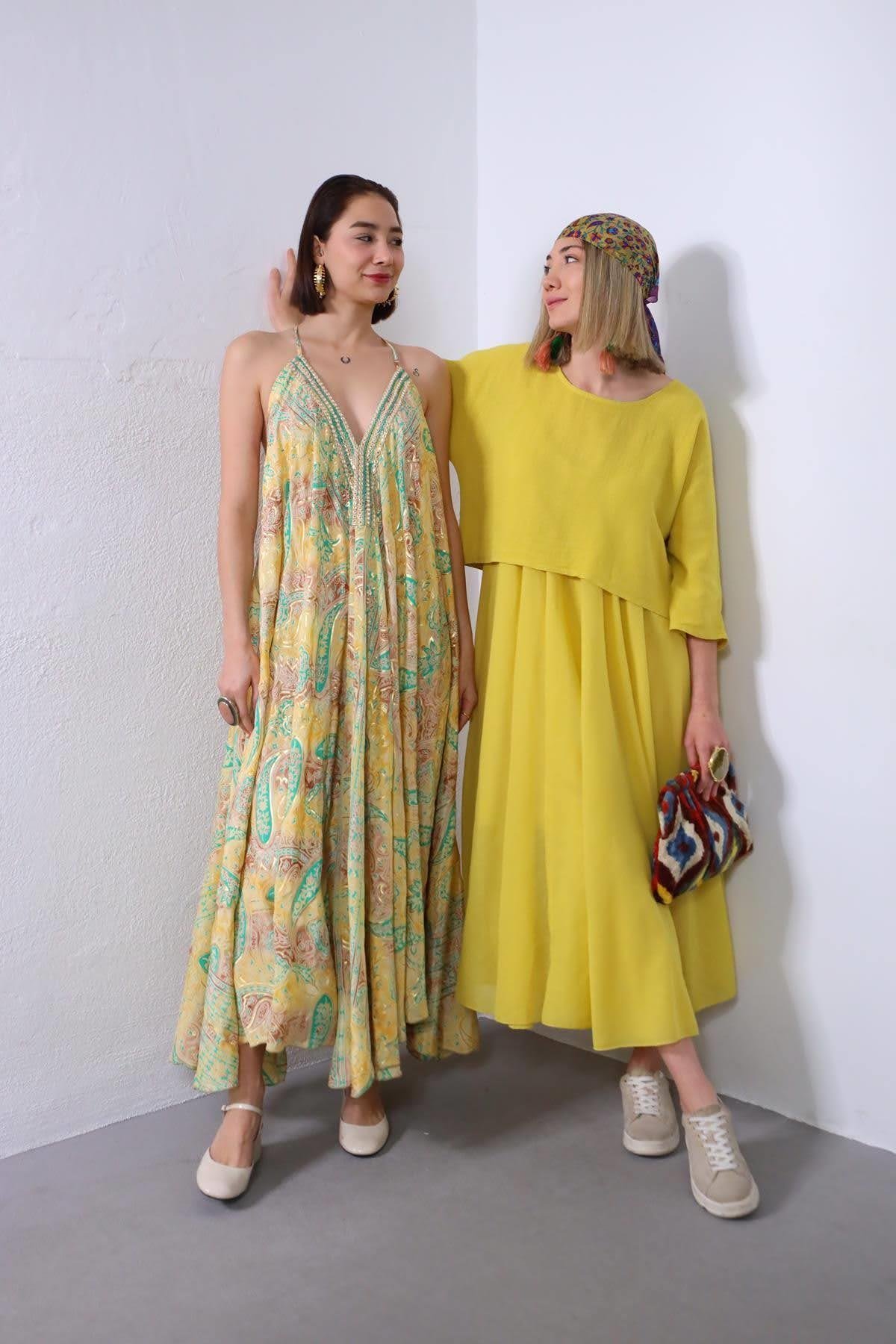 Yellow Two Layered Dress with Linen Top Saman Butik Shop Online