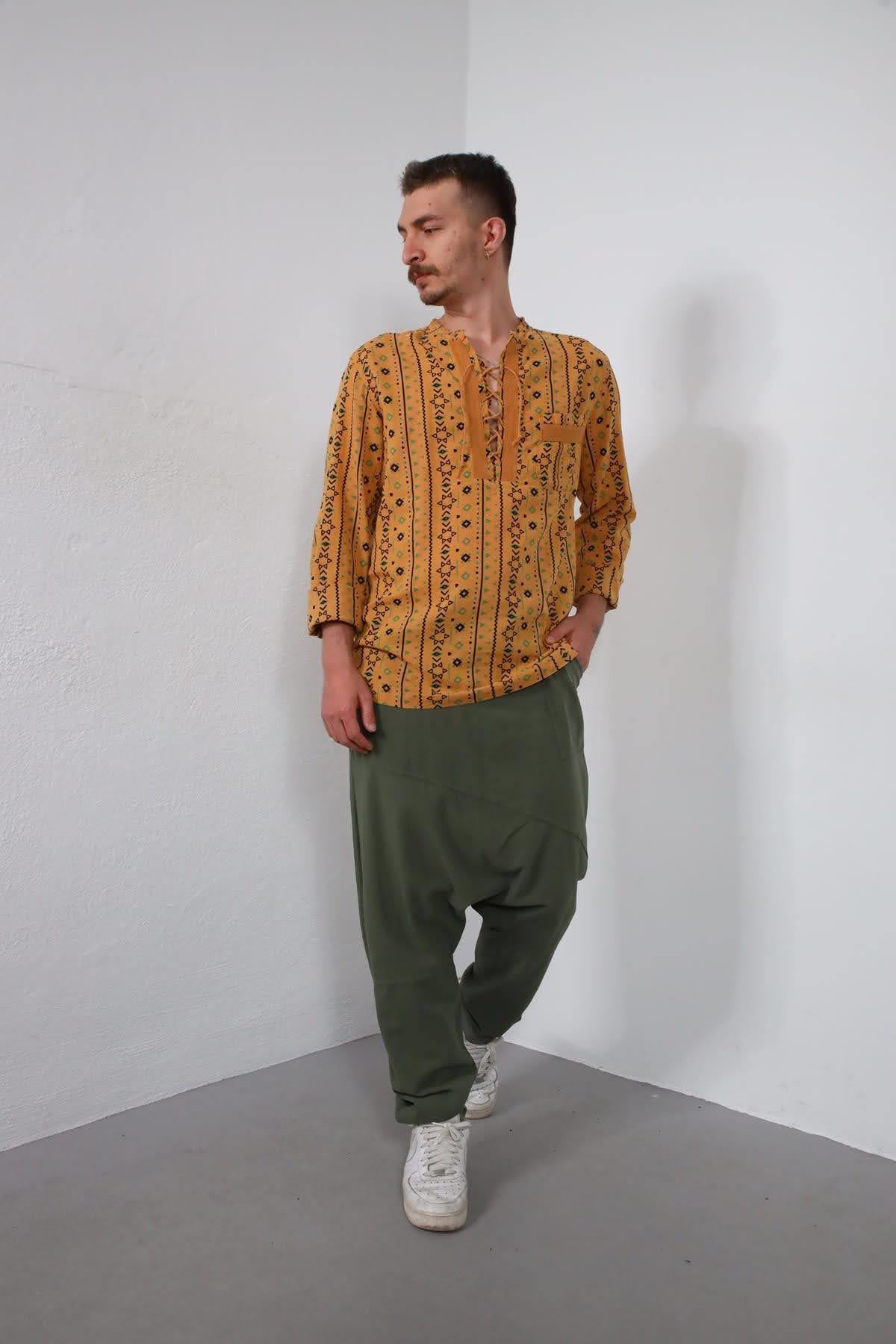 Khaki Stitch Detailed Raj Drop Crotch Pants - Saman Butik | Shop