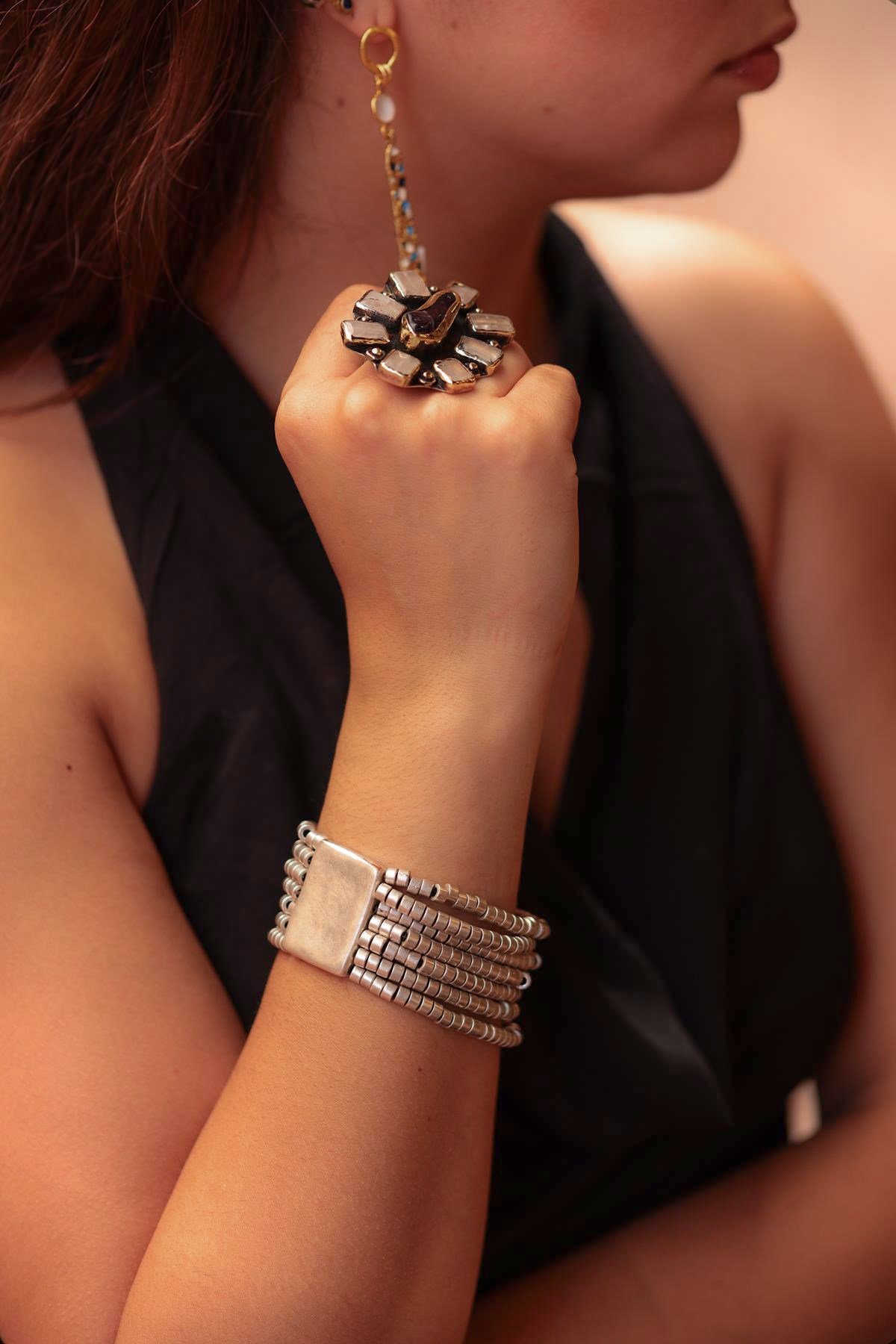 Square Detail Multiple Silver Design Bracelet