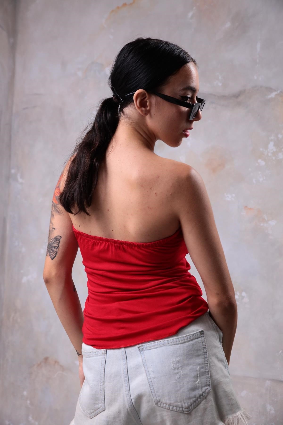 Kırmızı Önü Fiyonklu Straplez Bluz - Şaman Butik - Bohem Giyim ve Aksesuar  | Kadın & Erkek