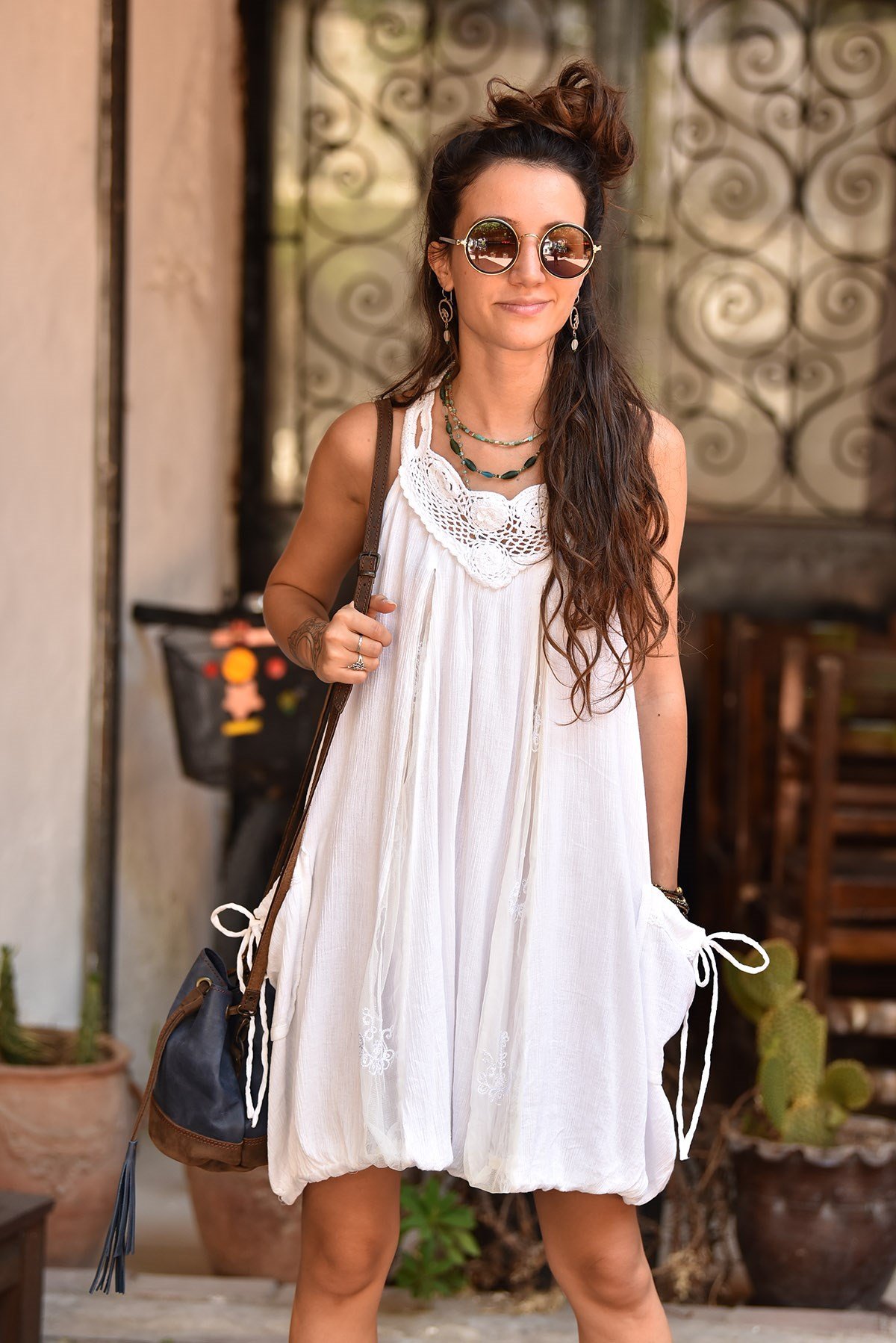 White Tulle Striped Tiny Strap Boho Dress - Şaman Butik | Shop Online