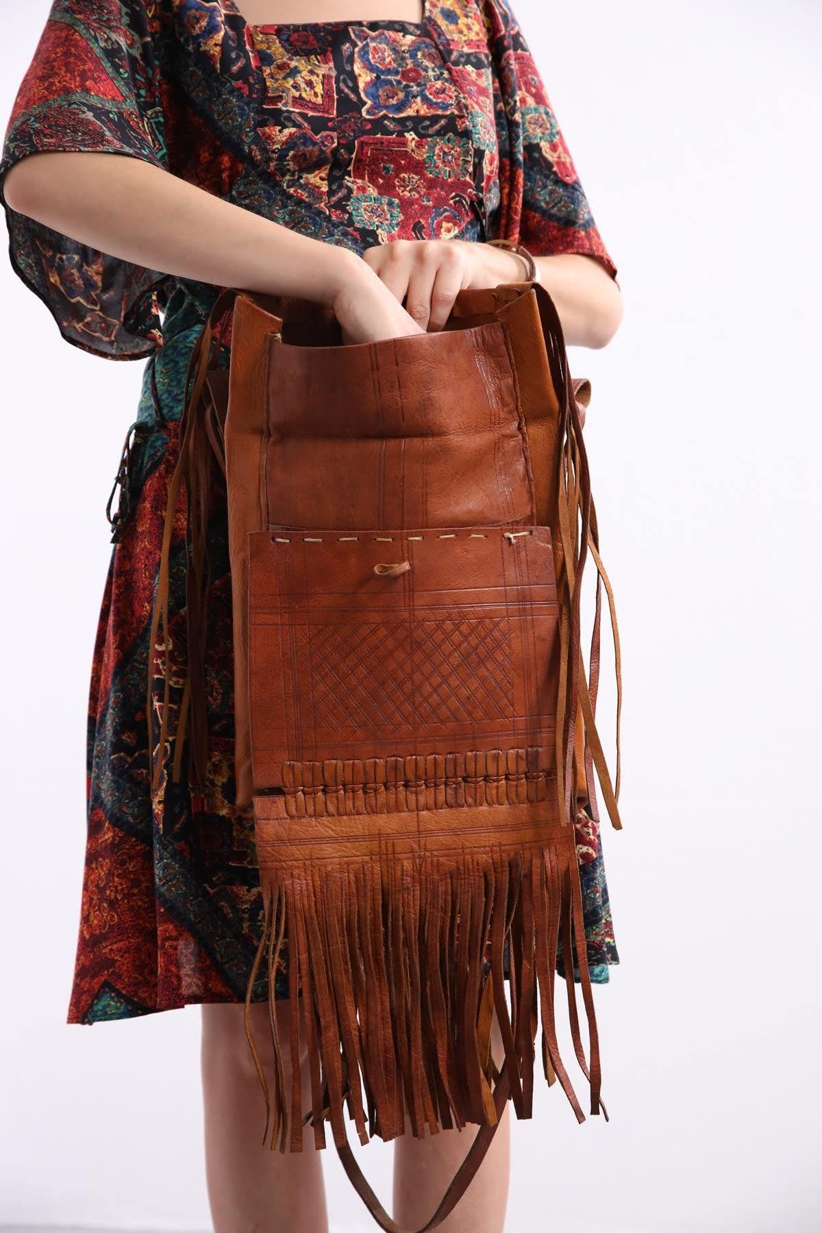 Taba Rengi Deri Tasarım Çanta - Şaman Butik - Bohem Giyim ve Aksesuar |  Kadın & Erkek
