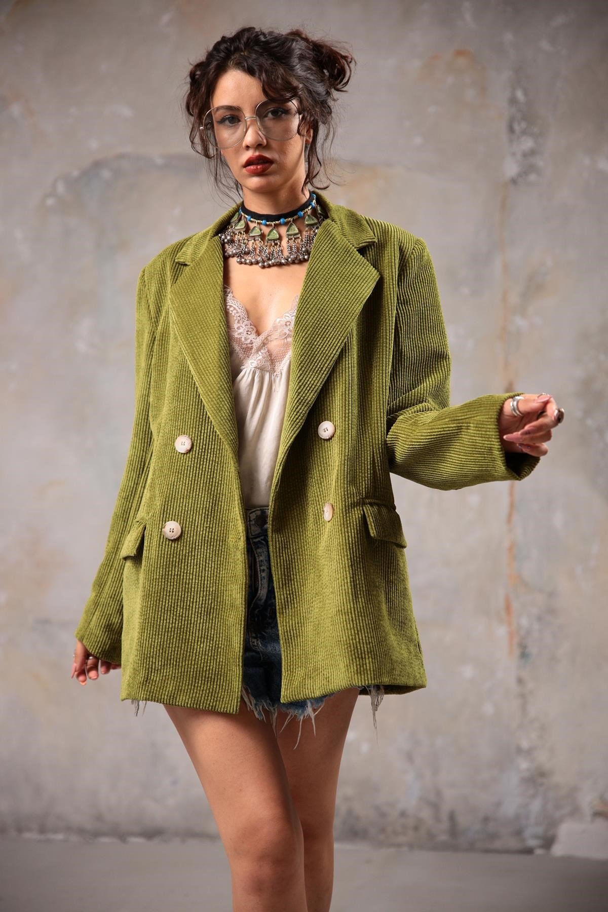 Yeşil Çift Düğmeli Kadife Ceket - Şaman Butik - Bohem Giyim ve Aksesuar |  Kadın & Erkek