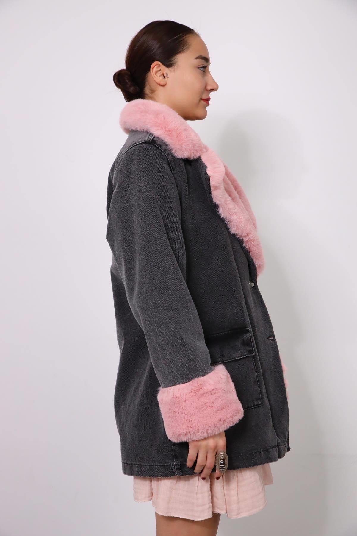 Denim jacket top with pink fur