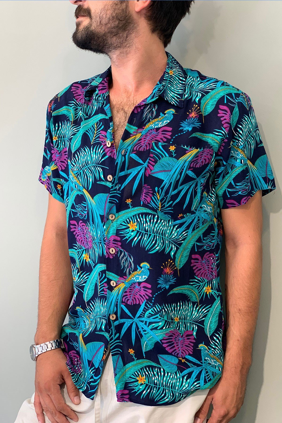 Lacivert Tropikal Desen Kısa Kollu Gömlek - Şaman Butik - Bohem Giyim ve  Aksesuar | Kadın & Erkek