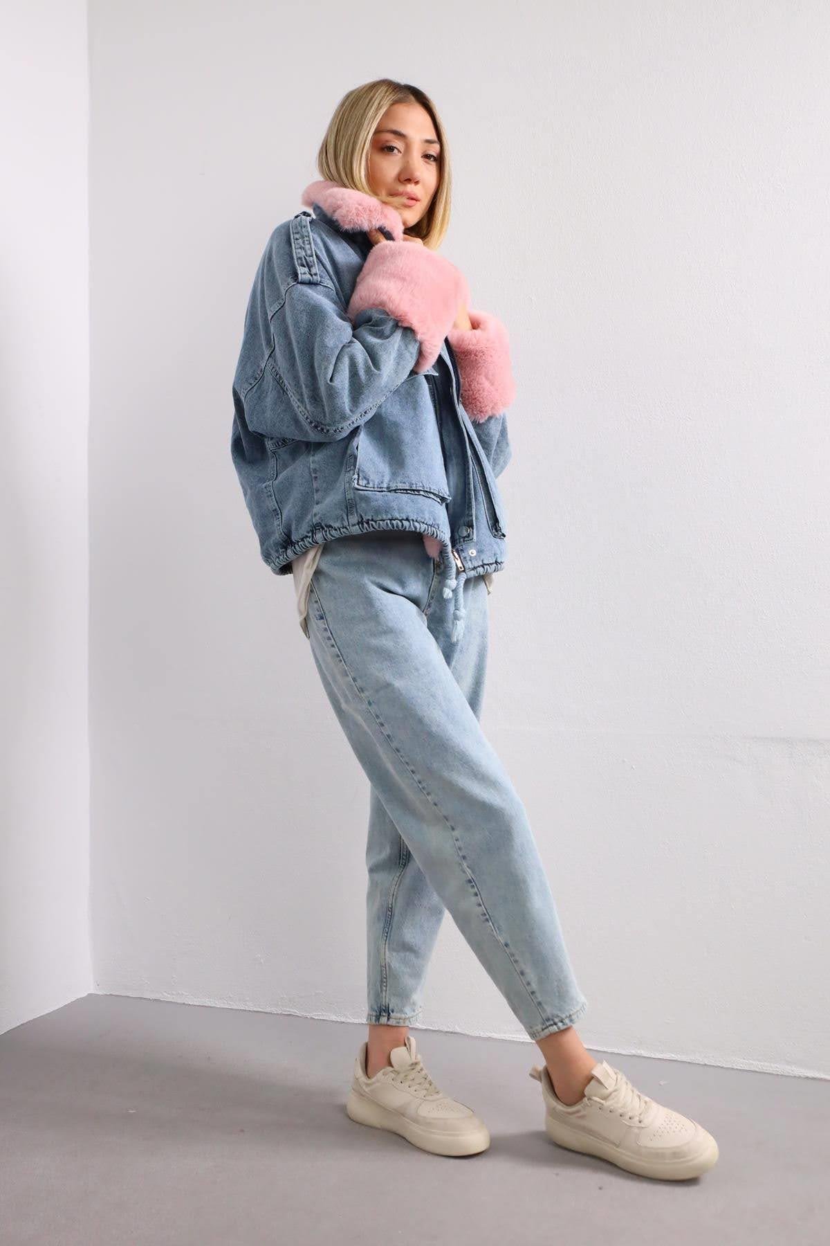 Blue Shoulder Epaulet Plush Big Pocket Denim Jacket Saman Butik Shop Online