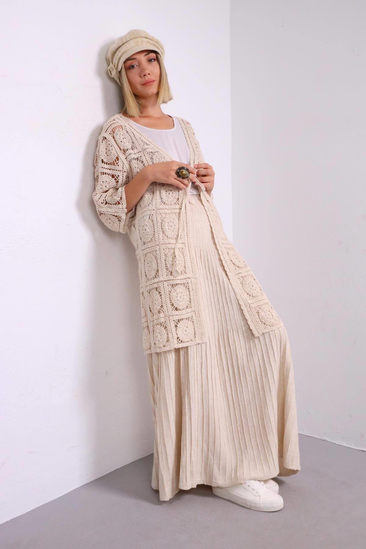 Cream Motif Embroidered Lace Long Cardigan - Saman Butik | Shop Online