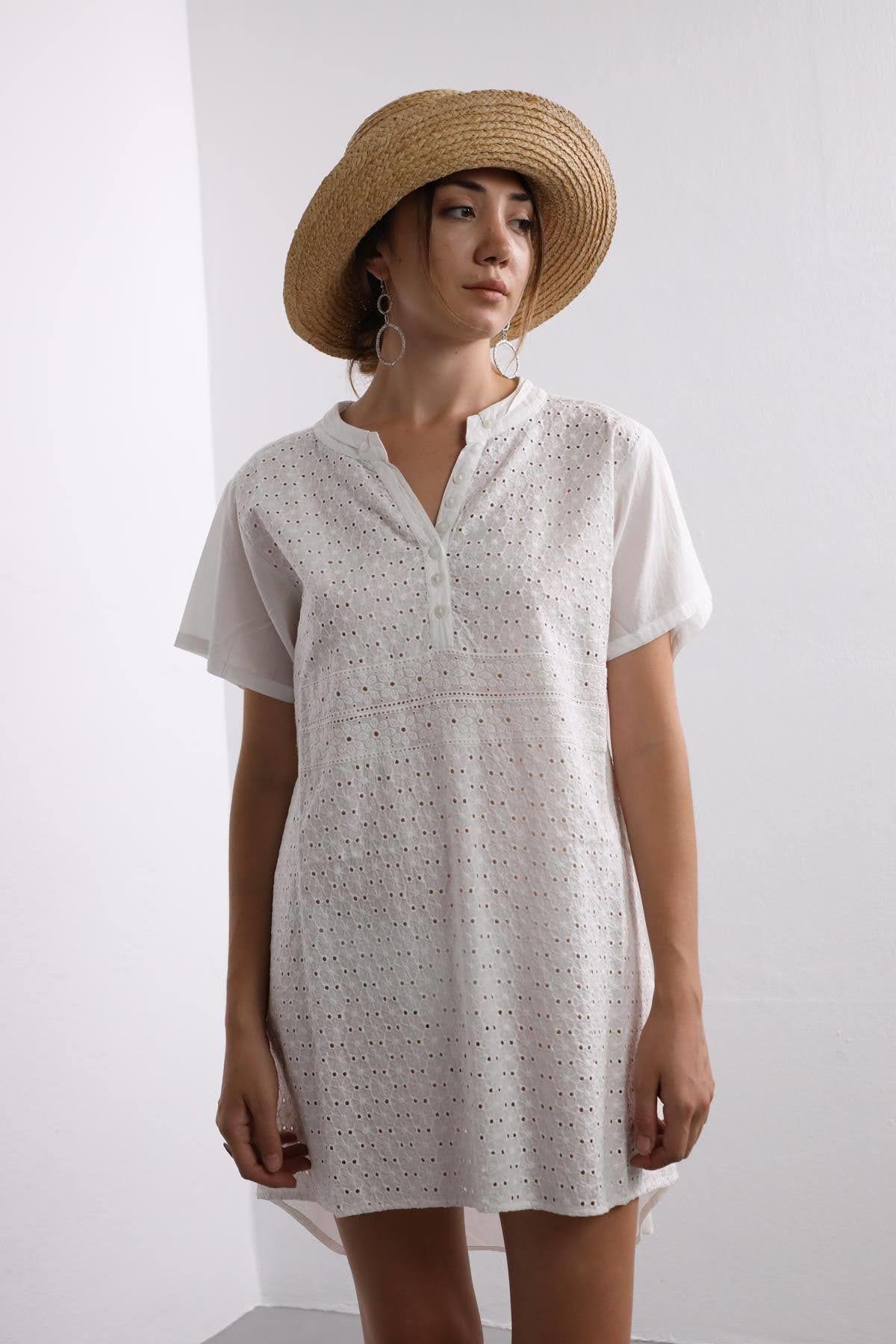 Beyaz Güpür Detaylı Kısa Kollu Elbise - Şaman Butik - Bohem Giyim ve  Aksesuar | Kadın & Erkek