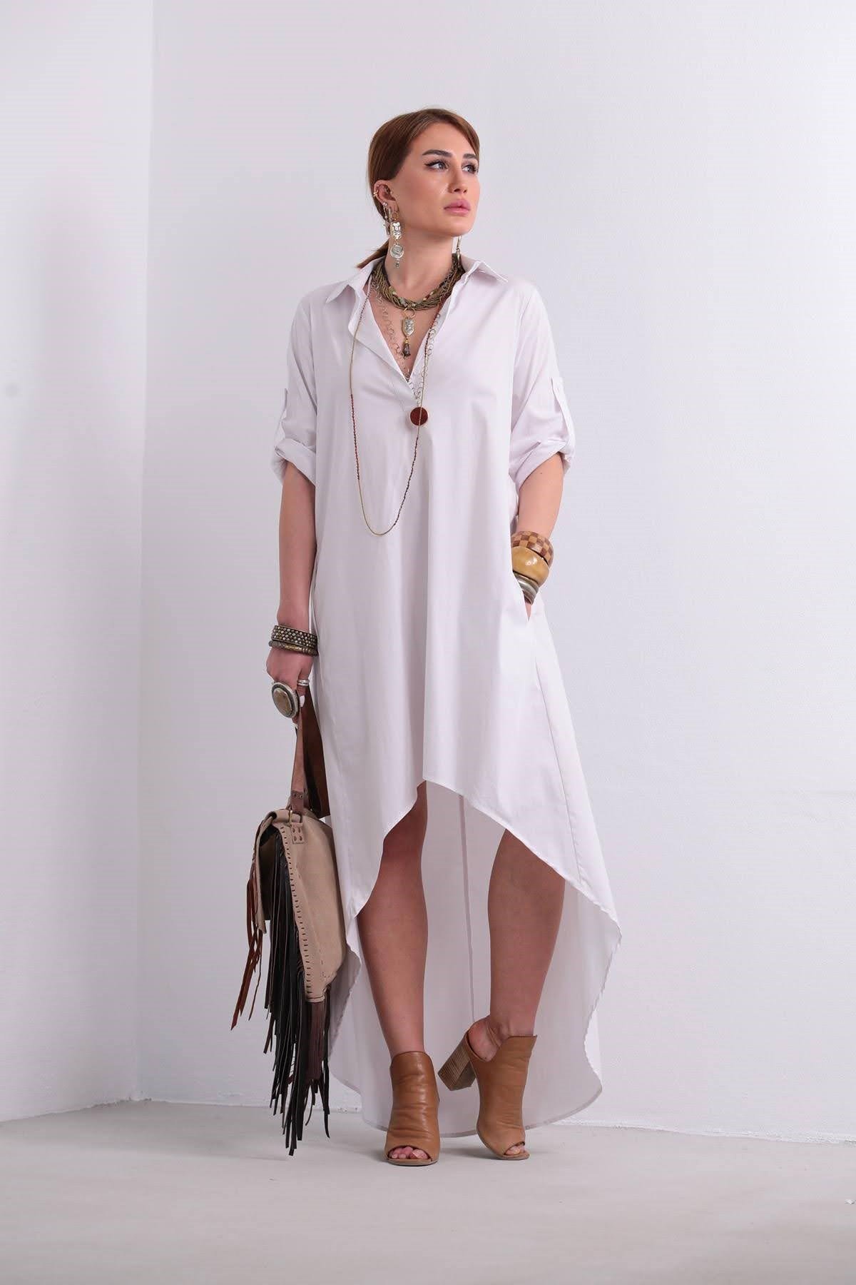 Beyaz Önü Kısa Arkası Uzun Yakalı Gömlek Elbise - Şaman Butik - Bohem Giyim  ve Aksesuar | Kadın & Erkek