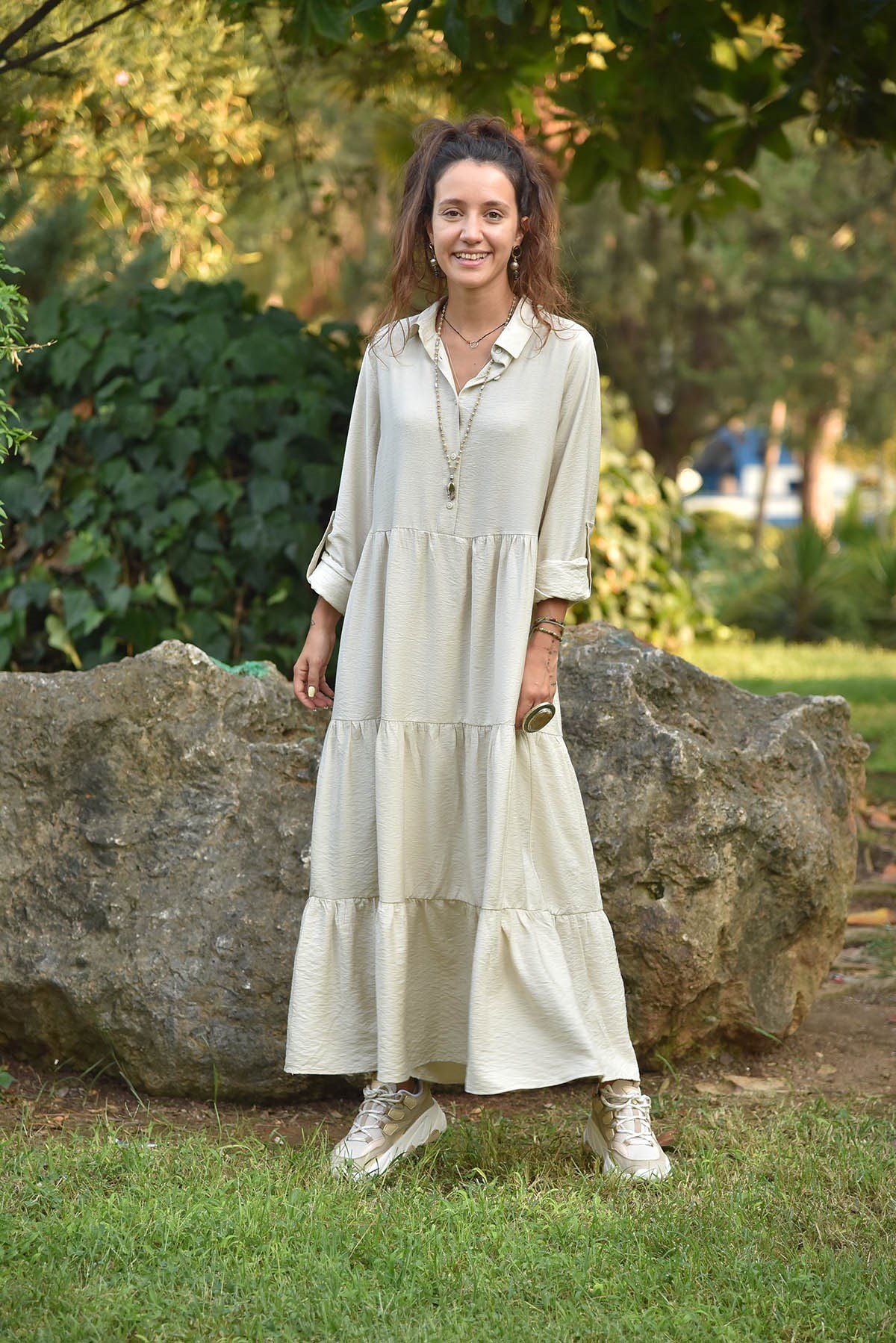 Beyaz Yarım Patlı Uzun Kollu Elbise - Şaman Butik - Bohem Giyim ve Aksesuar  | Kadın & Erkek