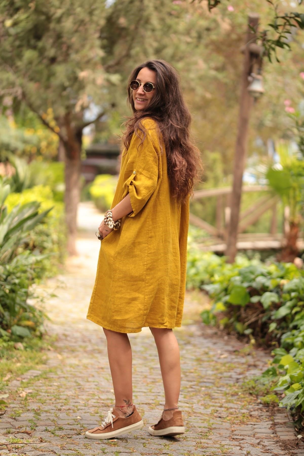 Mustard linen clearance dress