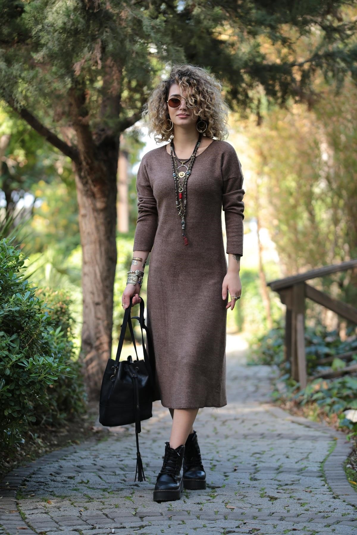 Brown Soft Texture Long Straight Dress - Saman Butik | Shop Online
