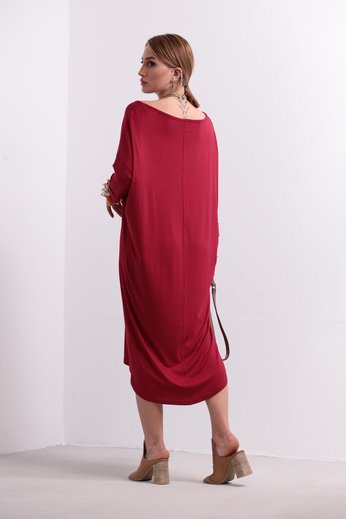 Kırmızı Kayık Yaka Fakir Kol Elbise - Şaman Butik - Bohem Giyim ve Aksesuar  | Kadın & Erkek