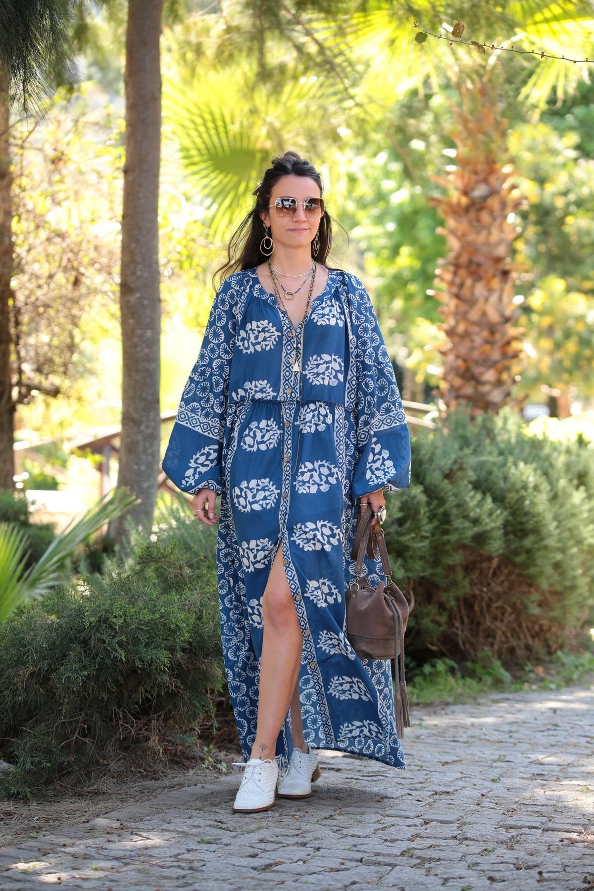 Navy Blue Thai Pattern Long Shirt Dress Saman Butik Shop Online