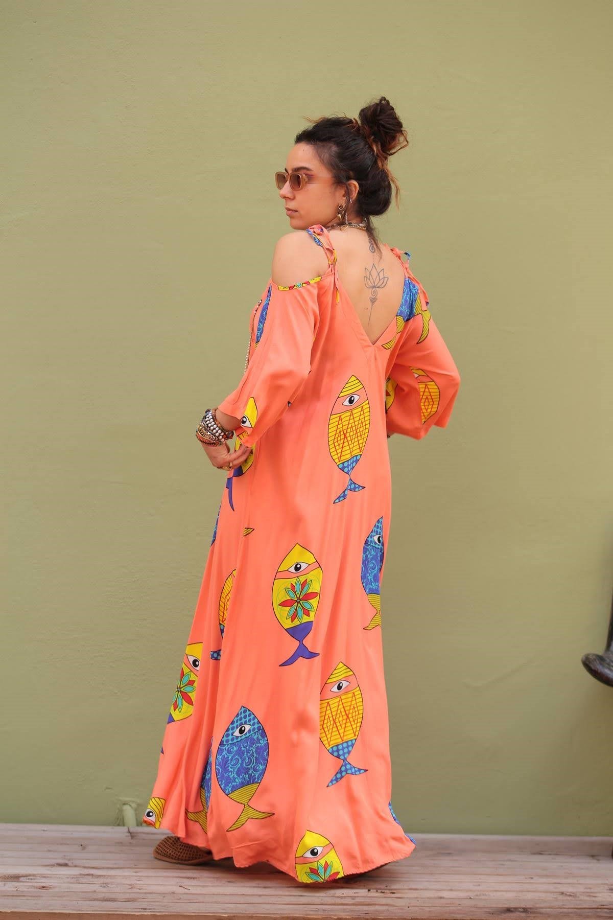 Mercan Omuz Dekolteli Balık Desenli Elbise - Şaman Butik - Bohem Giyim ve  Aksesuar | Kadın & Erkek