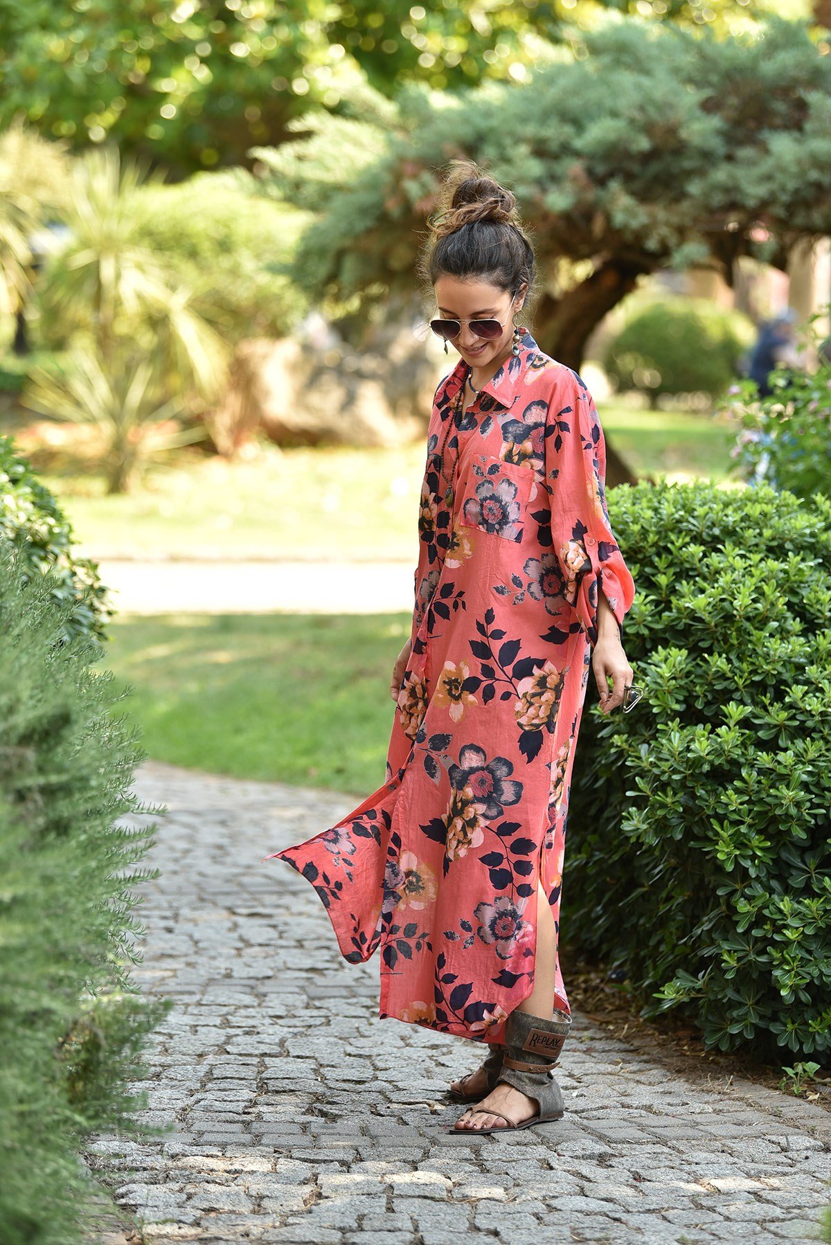 Vermilion Daisy Flower Patterned Shirt Dress - Şaman Butik