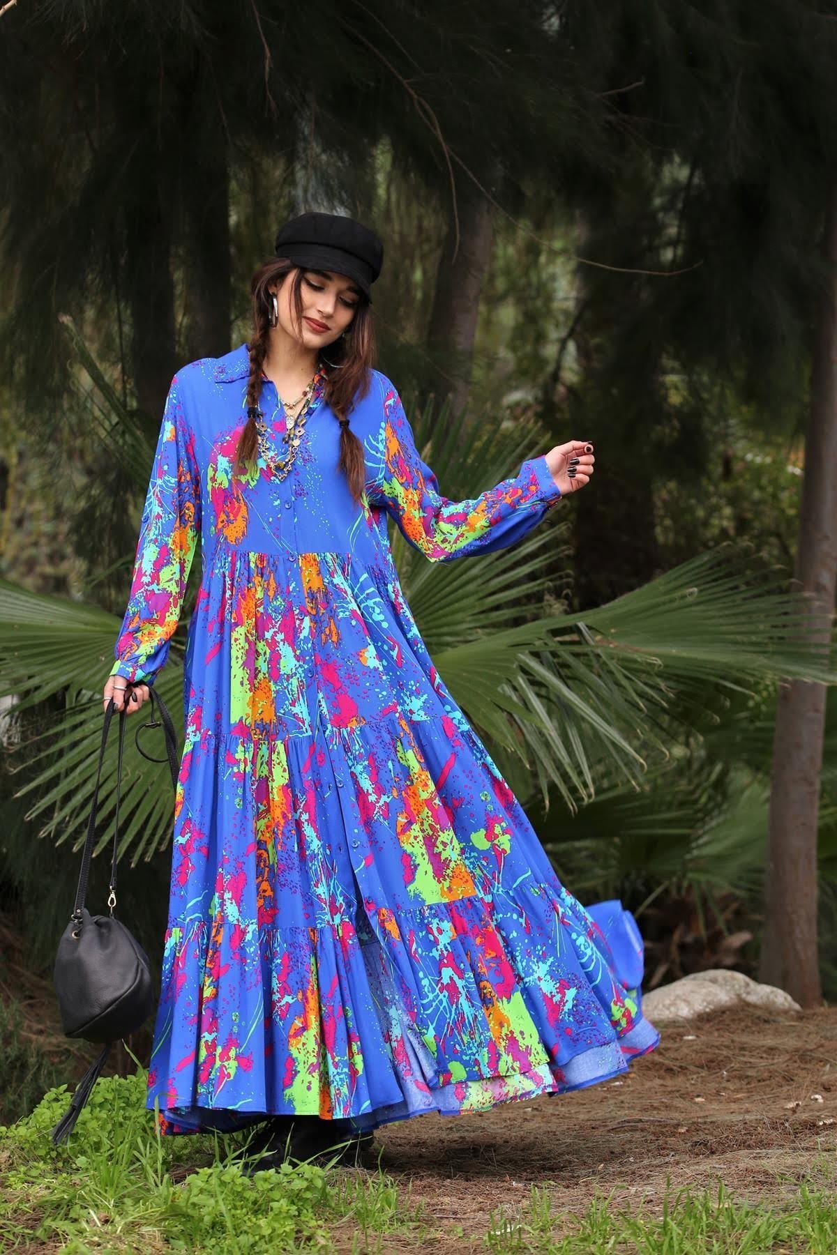 Sax Blue Splash Patterned Pleated Shirt Dress - Saman Butik | Shop Online