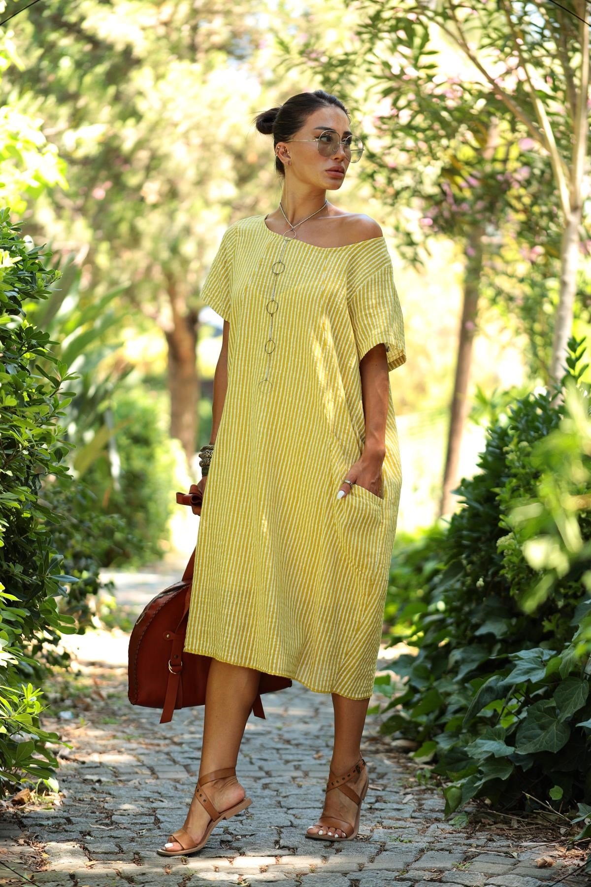 Sarı Cepli Çizgili Kısa Kollu Elbise - Şaman Butik - Bohem Giyim ve  Aksesuar | Kadın & Erkek