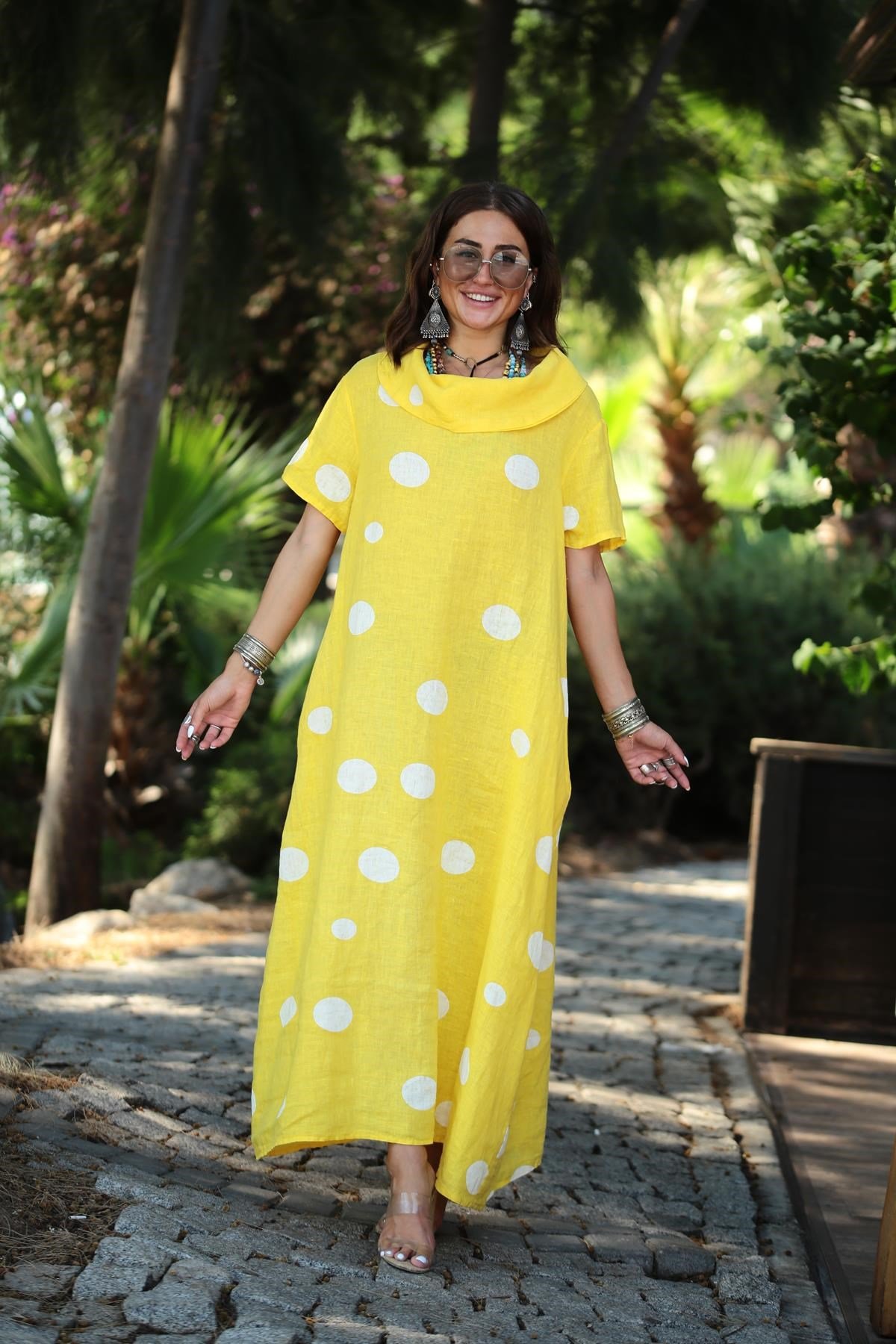 Sarı Degaje Yaka Puanlı Keten Elbise - Şaman Butik - Bohem Giyim ve  Aksesuar | Kadın & Erkek