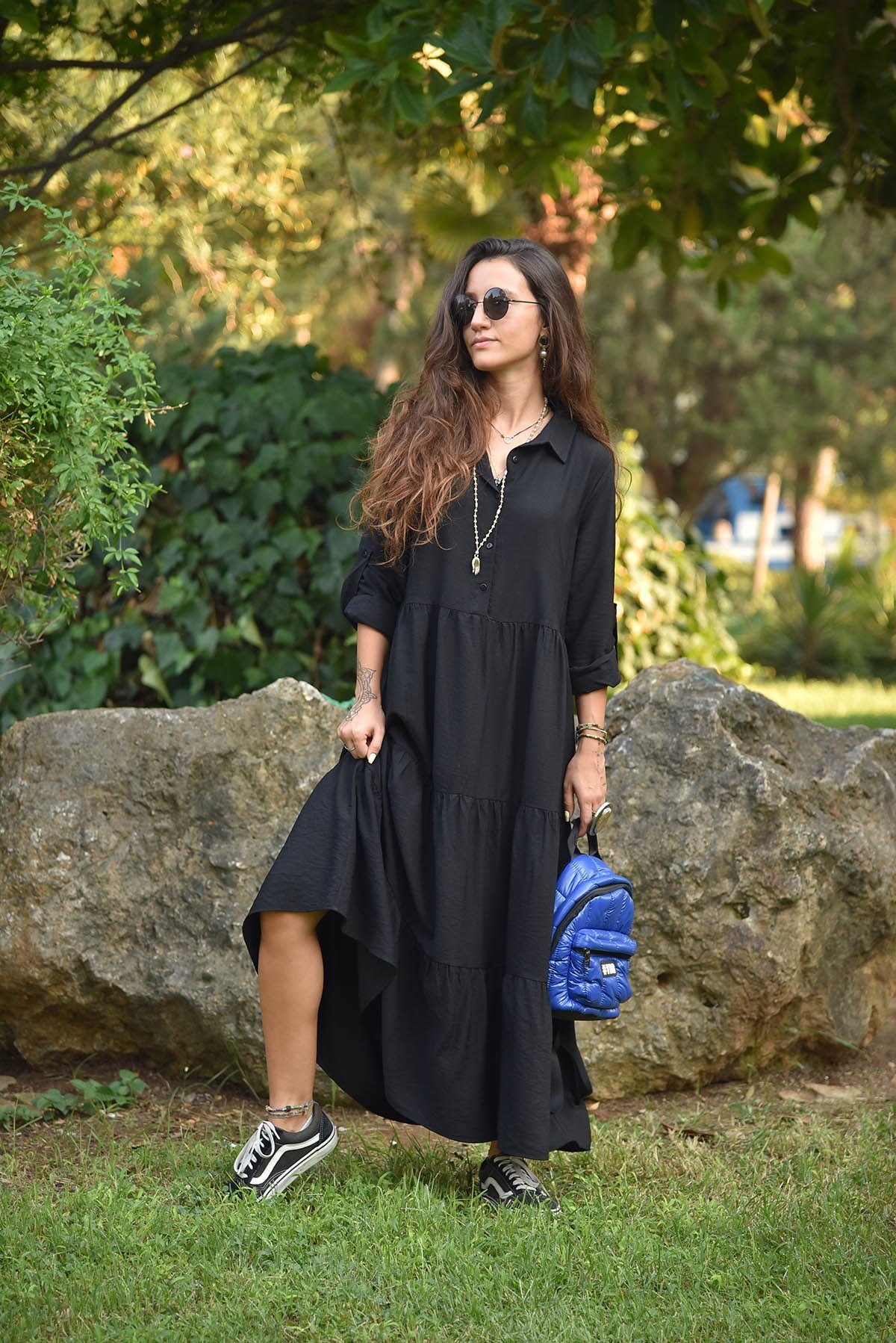 Siyah Yarım Patlı Uzun Kollu Elbise - Şaman Butik - Bohem Giyim ve Aksesuar  | Kadın & Erkek