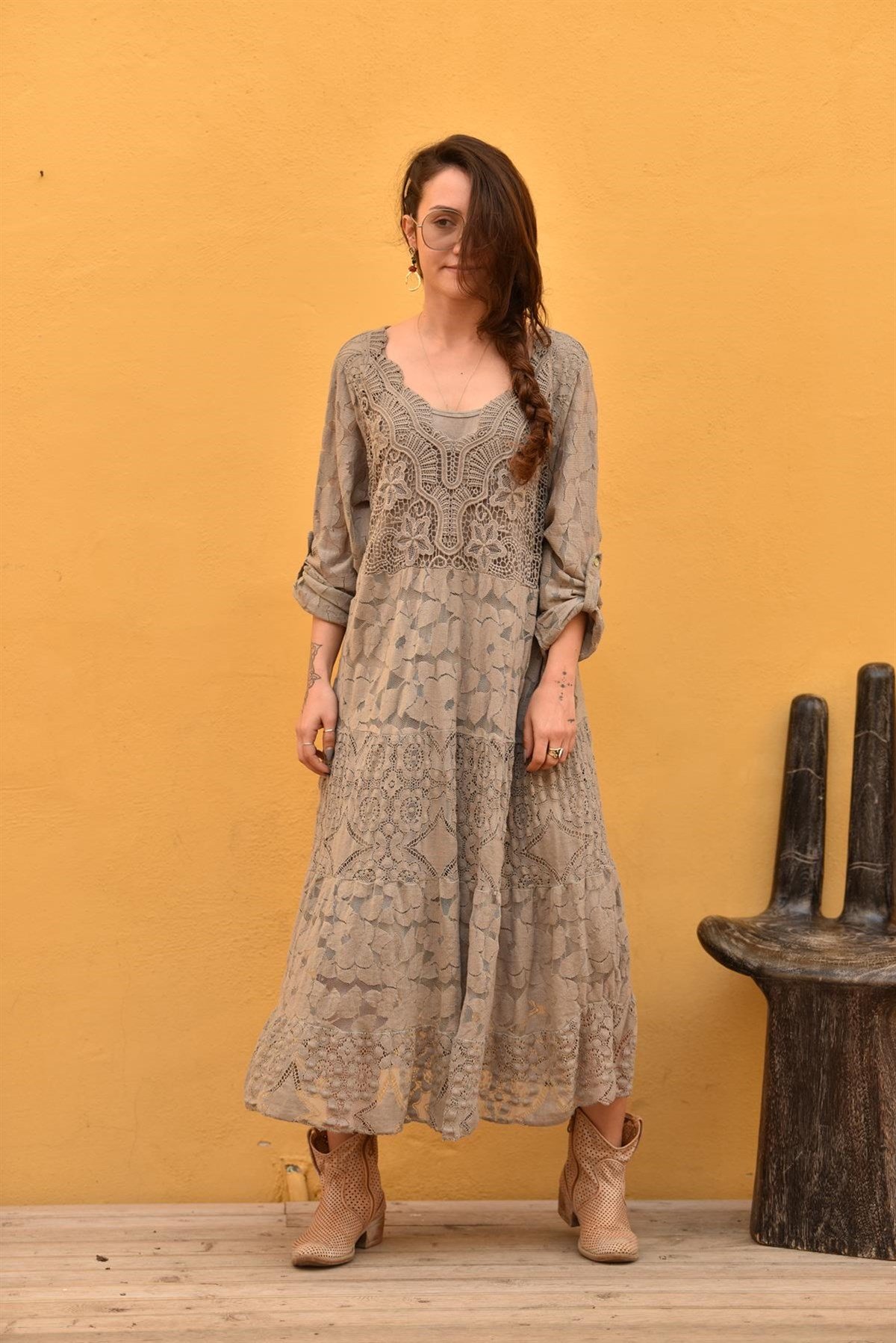 Vizon Fisto Detaylı Uzun Kollu Bohem Elbise - Şaman Butik - Bohem Giyim ve  Aksesuar | Kadın & Erkek