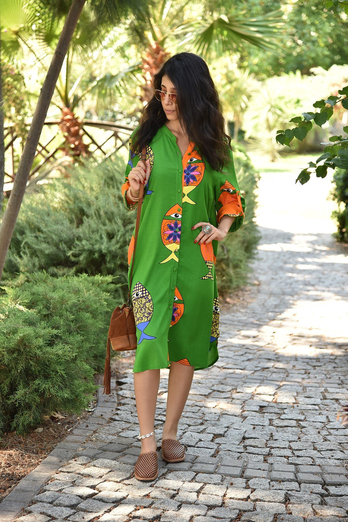 Green dress top with yellow fish