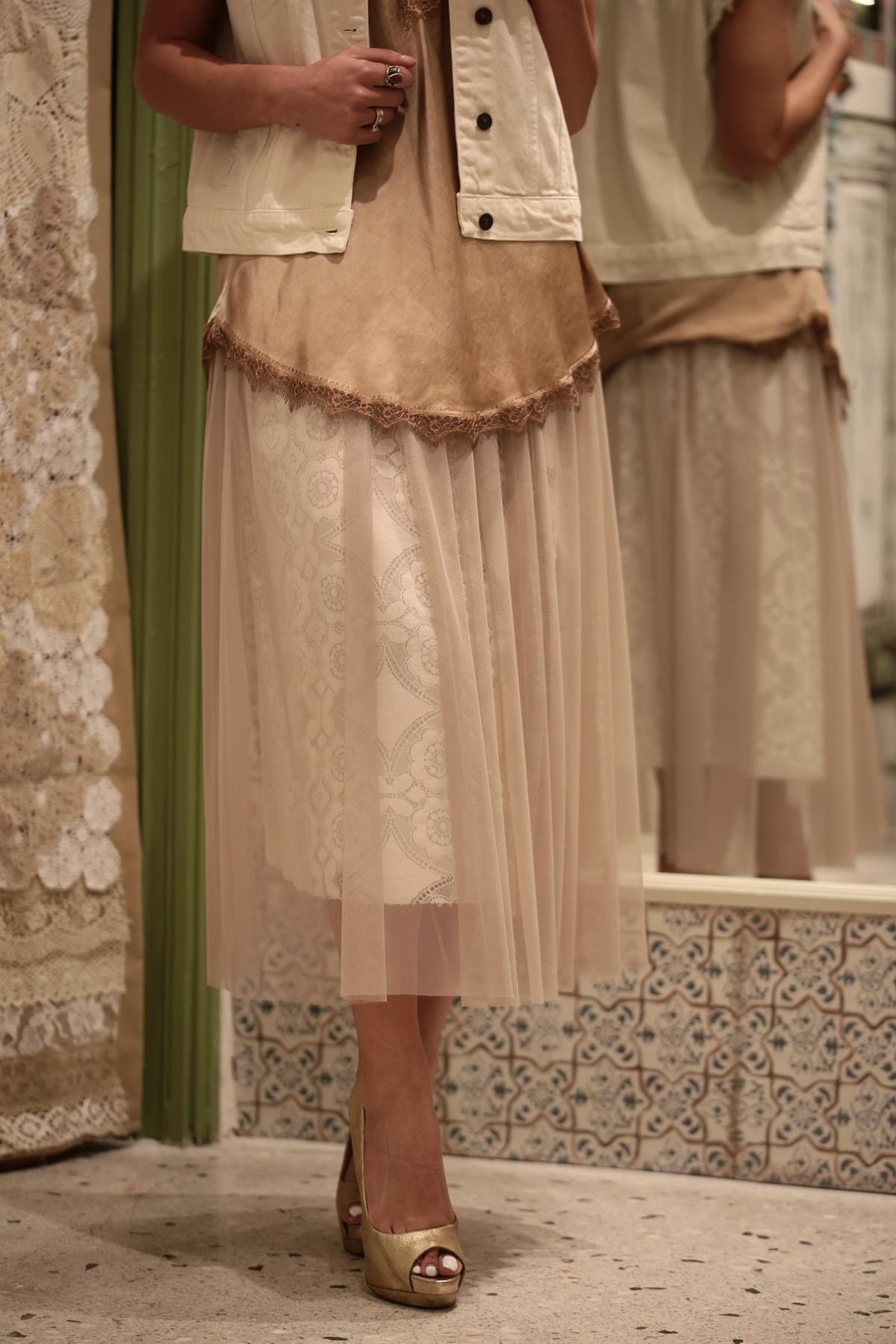 Beige Lace Lining Tulle Skirt - Saman Butik | Shop Online