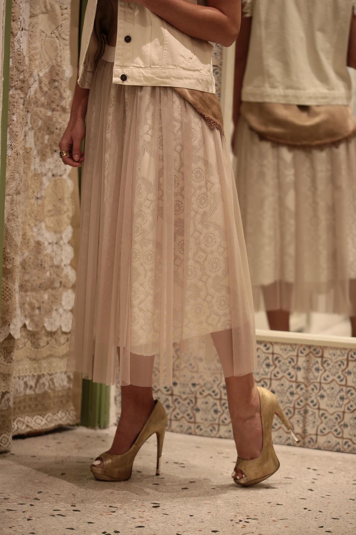 Beige Lace Lining Tulle Skirt - Saman Butik | Shop Online