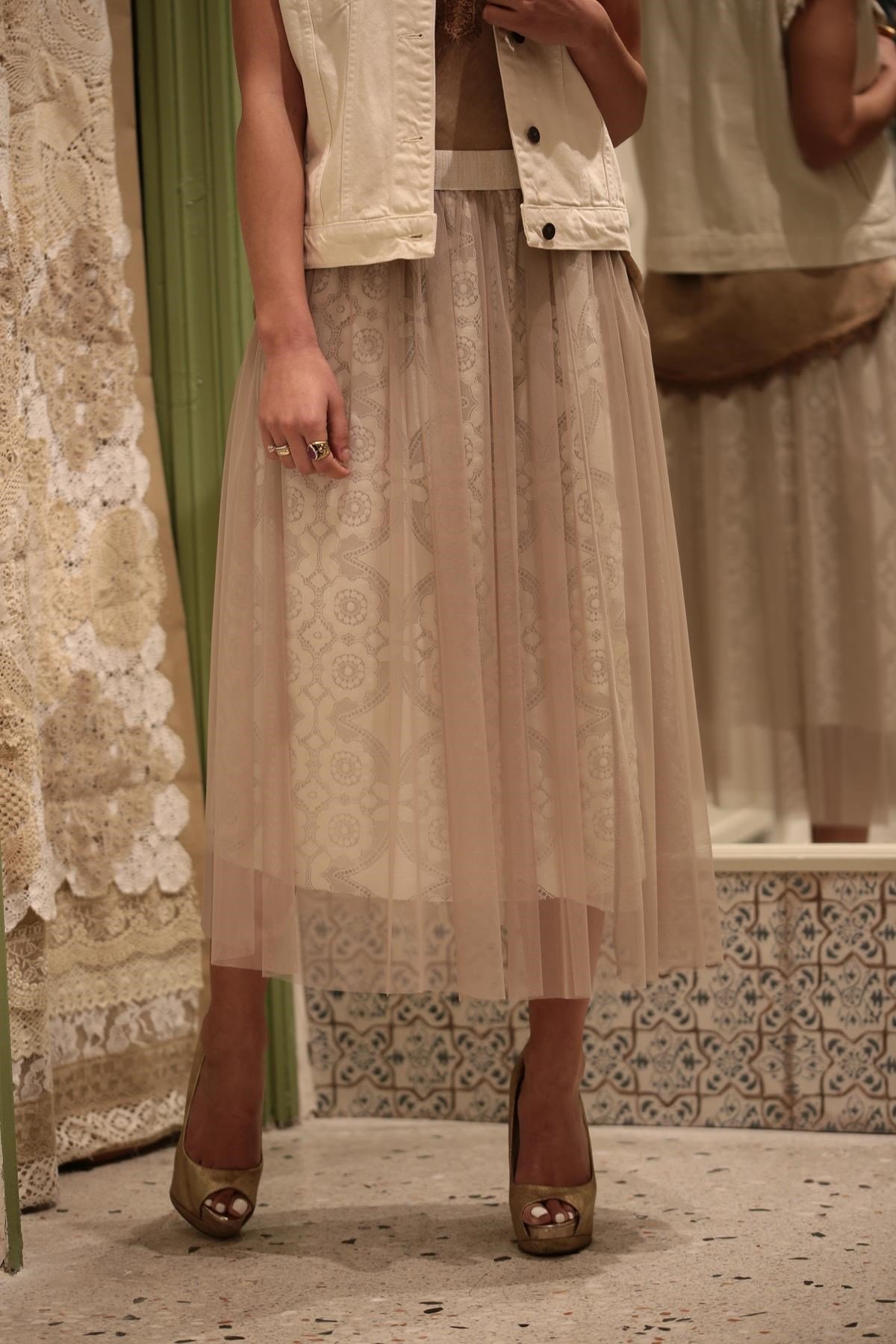 Beige Lace Lining Tulle Skirt - Saman Butik | Shop Online