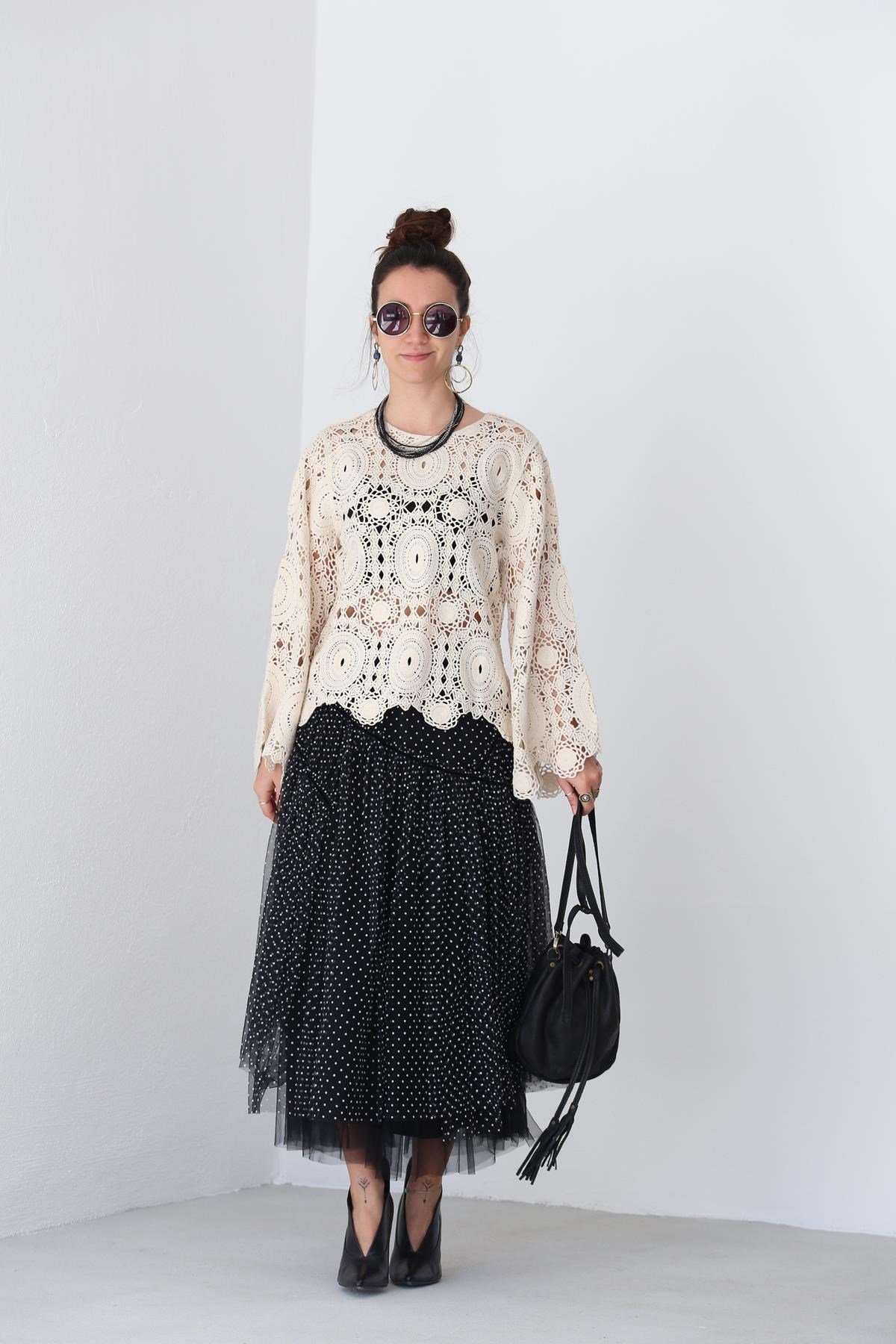 Black and White Polka Dot Asymmetric Stitched Tulle Skirt - Saman