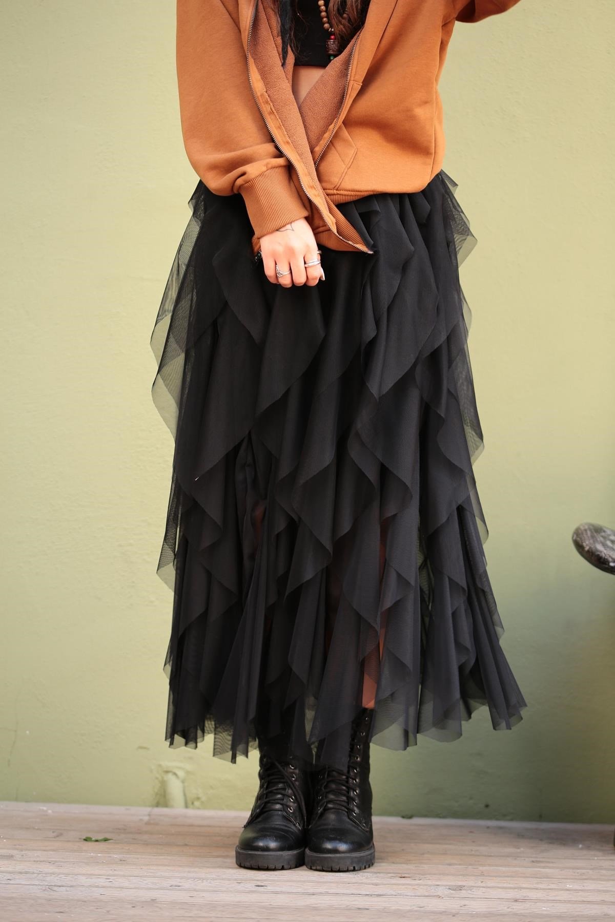 Siyah Kat Kat Astarlı Tül Etek - Şaman Butik - Bohem Giyim ve Aksesuar |  Kadın & Erkek