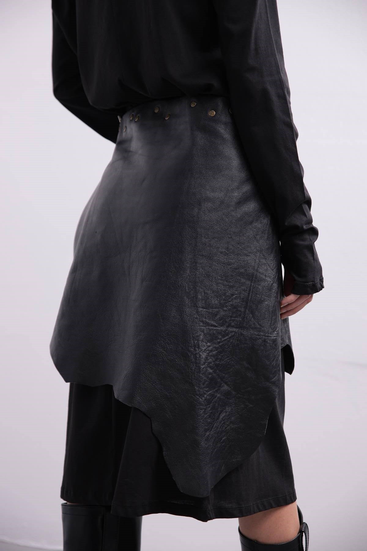 Black Belted Patchwork Leather Skirt