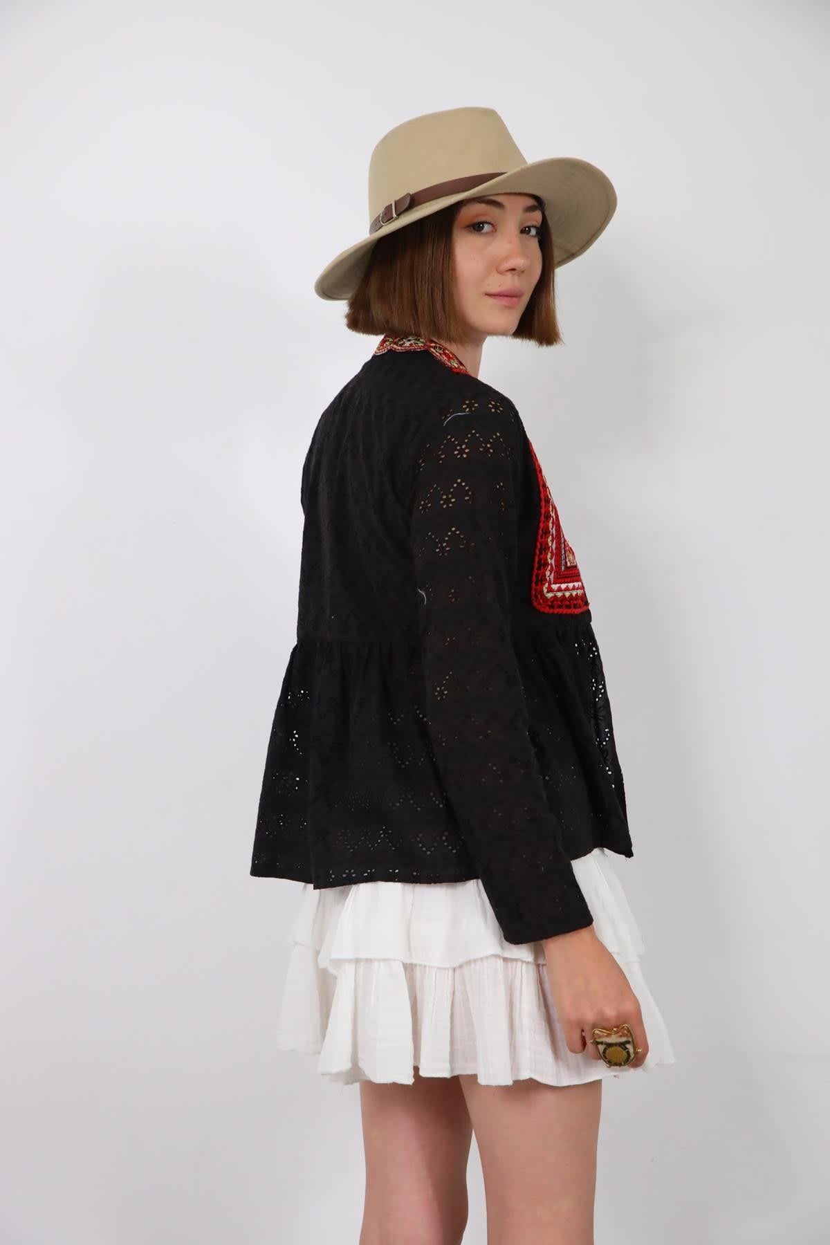 Black Tasseled Cutwork Embroidery Authentic Jacket - Saman Butik 