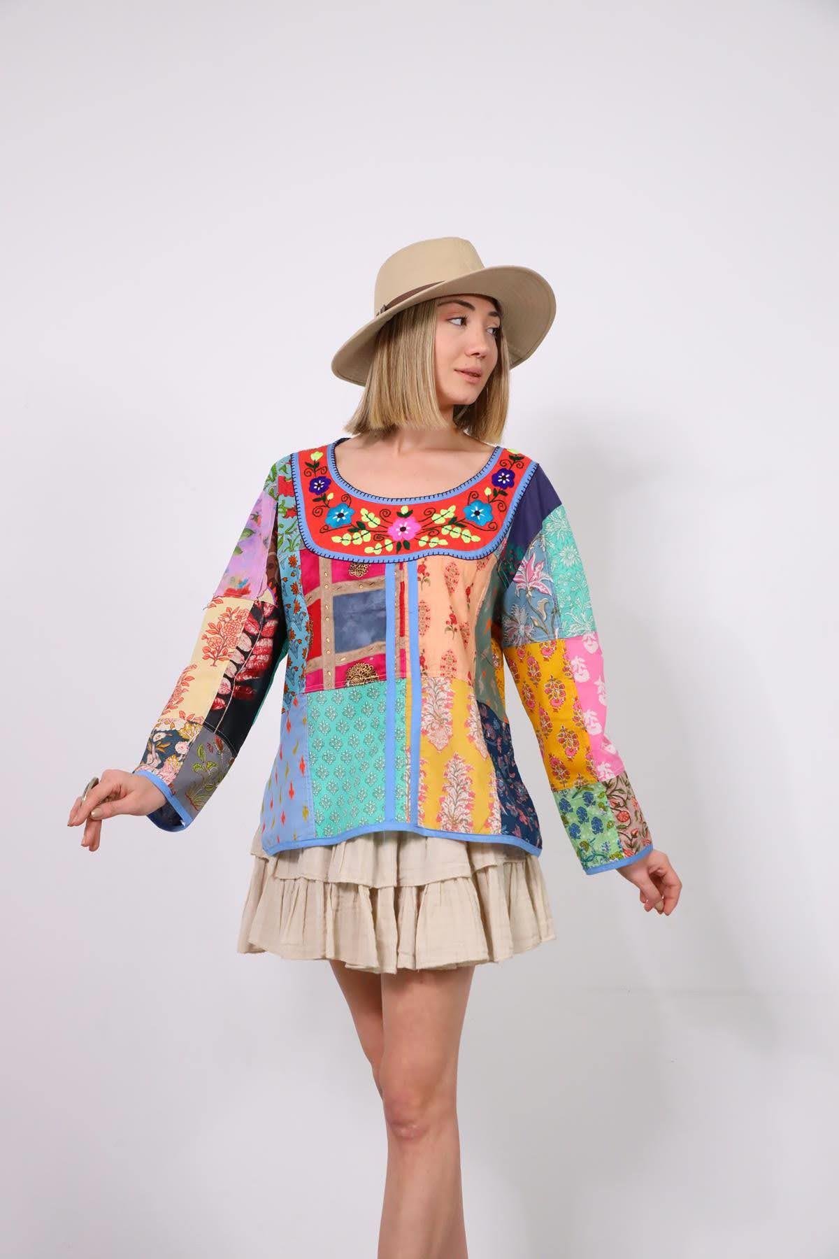 Renkli Yakası Nakışlı Patchwork Bluz - Şaman Butik