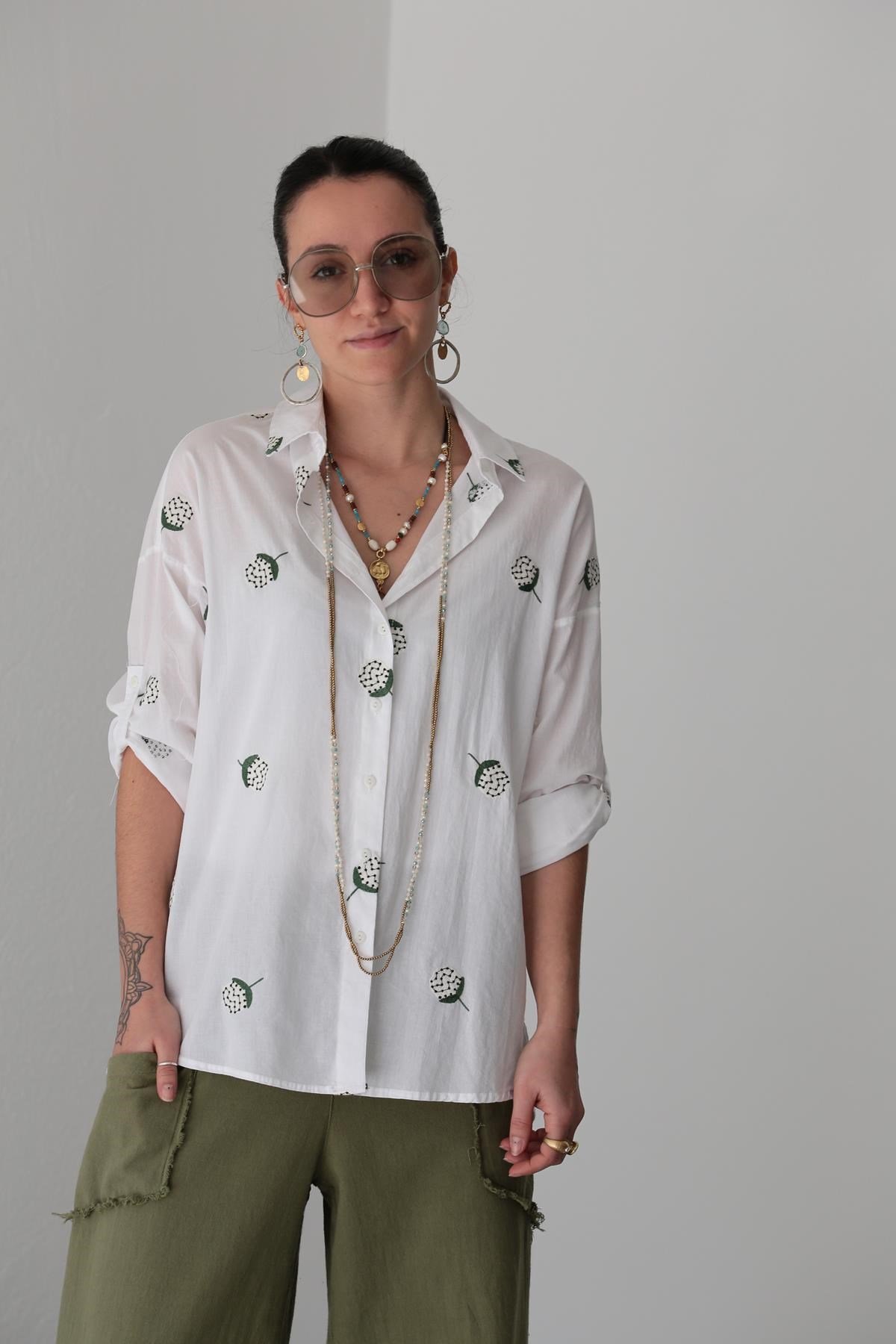 White Embroidered Buttoned Sleeve Shirt - Saman Butik | Shop Online