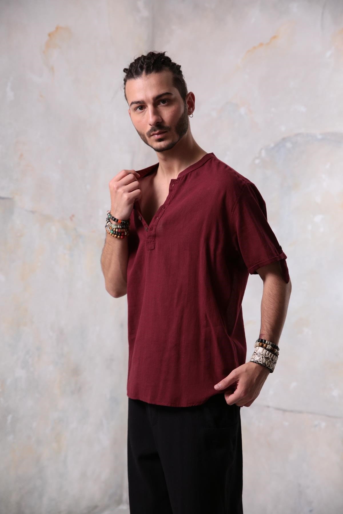 Mens burgundy short on sale sleeve dress shirt