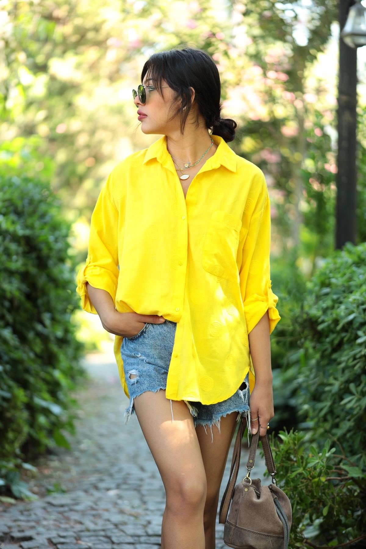 Sarı Puantiyeli Yuvarlak Kesim Gömlek - Şaman Butik - Bohem Giyim ve  Aksesuar | Kadın & Erkek