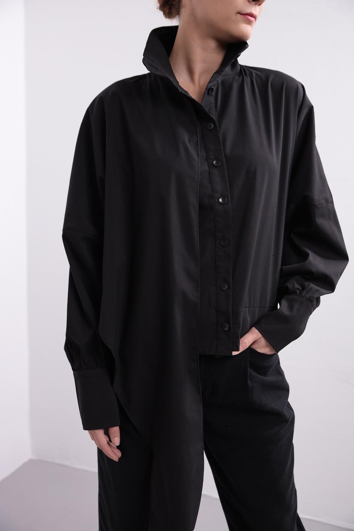 Siyah Dik Yakalı Asimetrik Gömlek - Şaman Butik - Bohem Giyim ve Aksesuar |  Kadın & Erkek