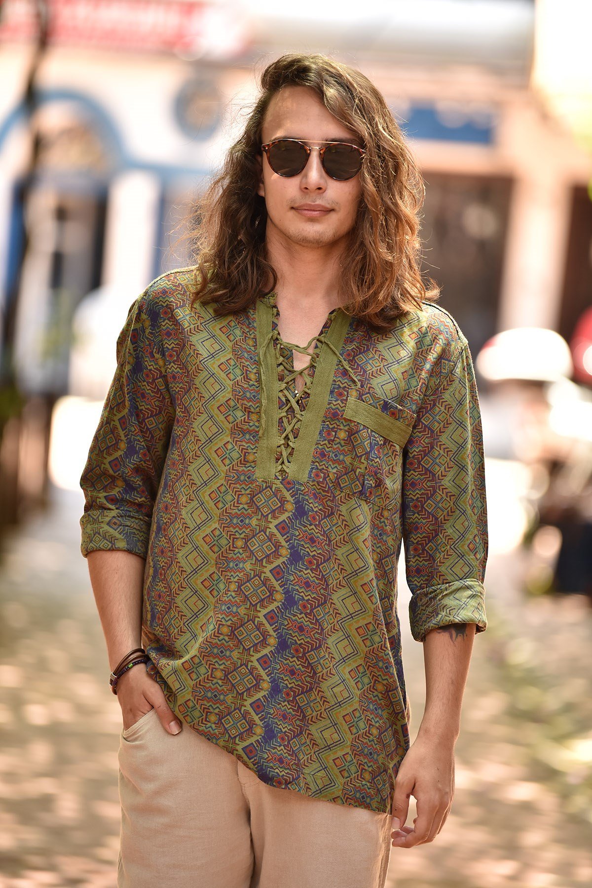 Yeşil Desenli Yakası Bağcıklı Bohem Erkek Gömlek - Şaman Butik - Bohem Giyim  ve Aksesuar | Kadın & Erkek
